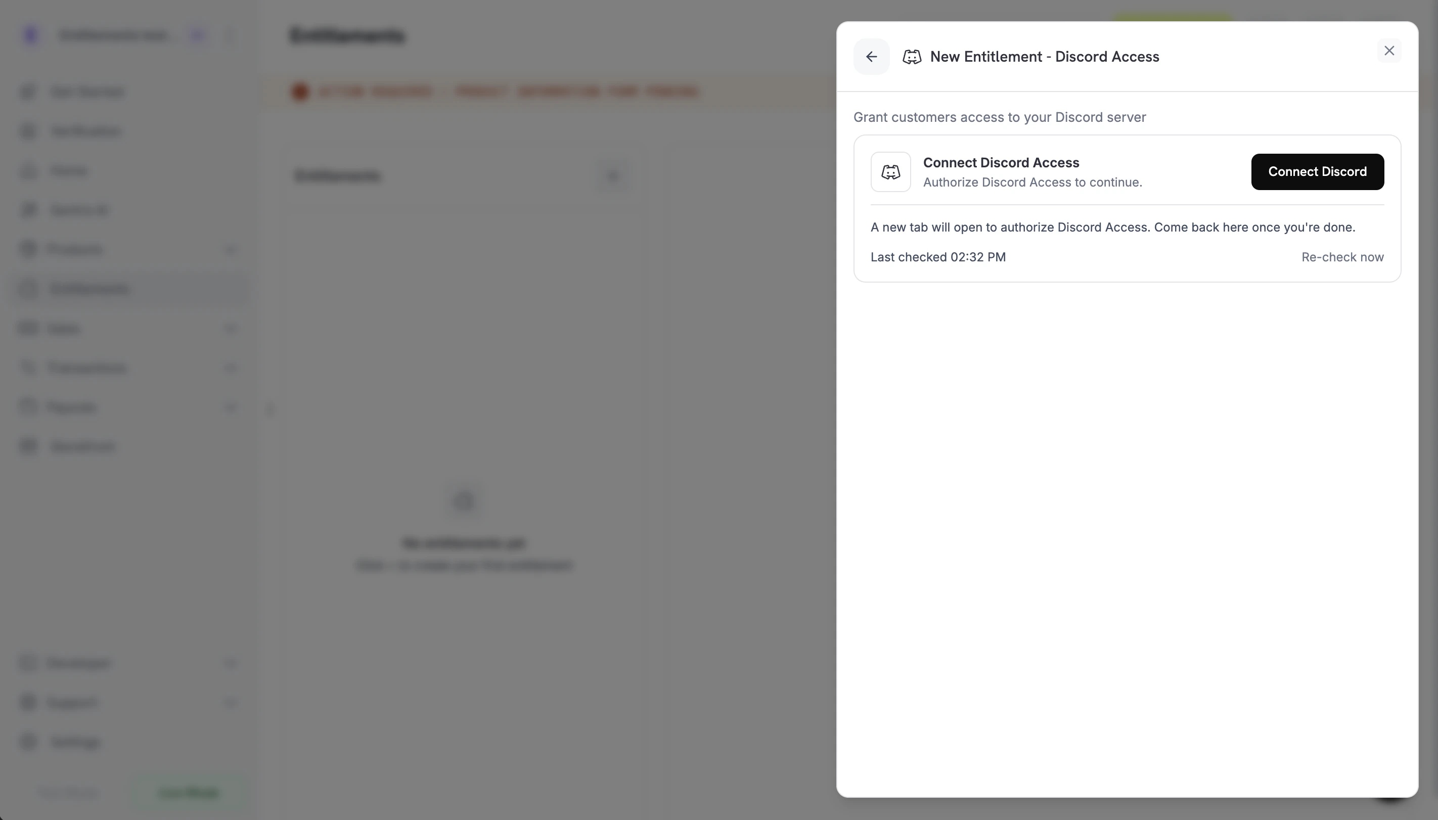 New entitlement panel prompting the merchant to connect Discord
