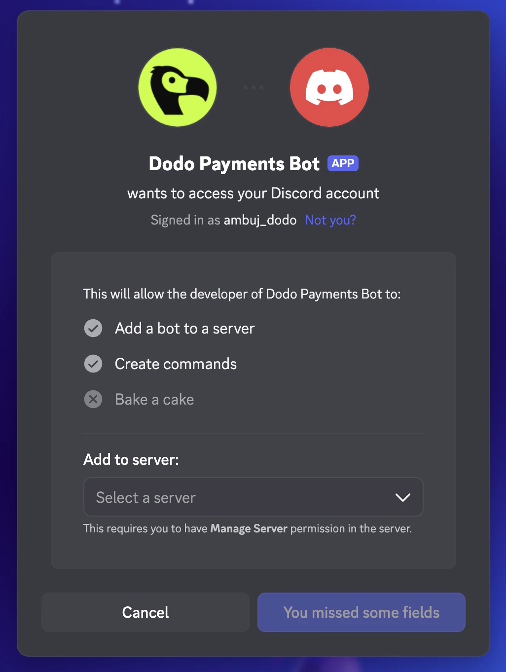 Discord OAuth screen asking which server to add the Dodo Payments bot to