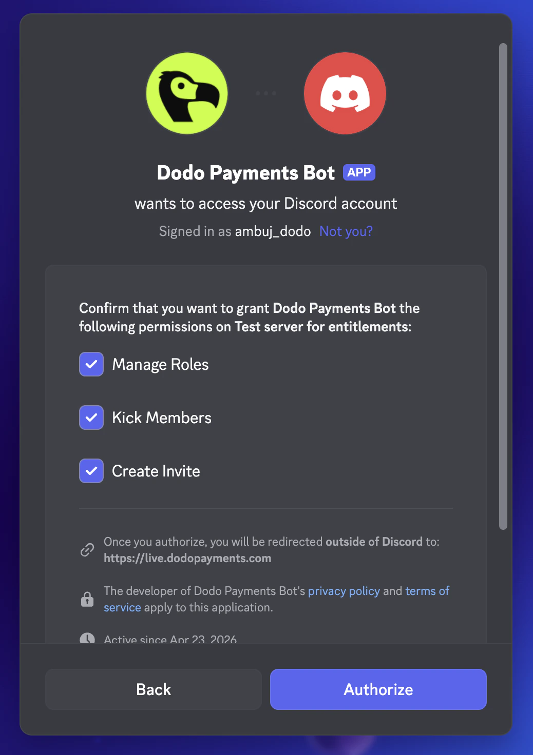 Discord bot permission confirmation screen