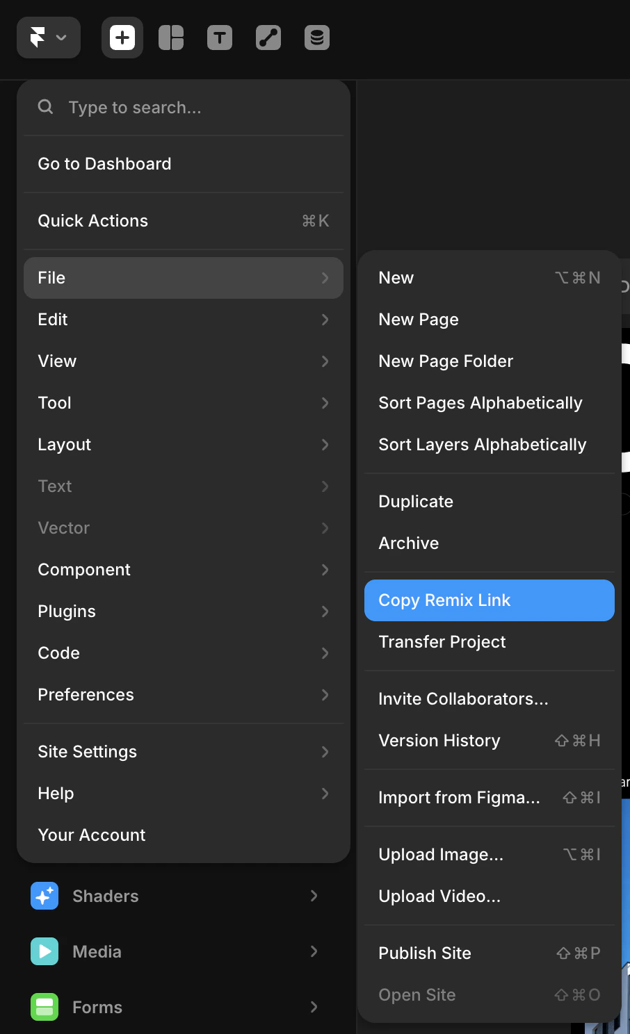 Framer File menu with Copy Remix Link option highlighted