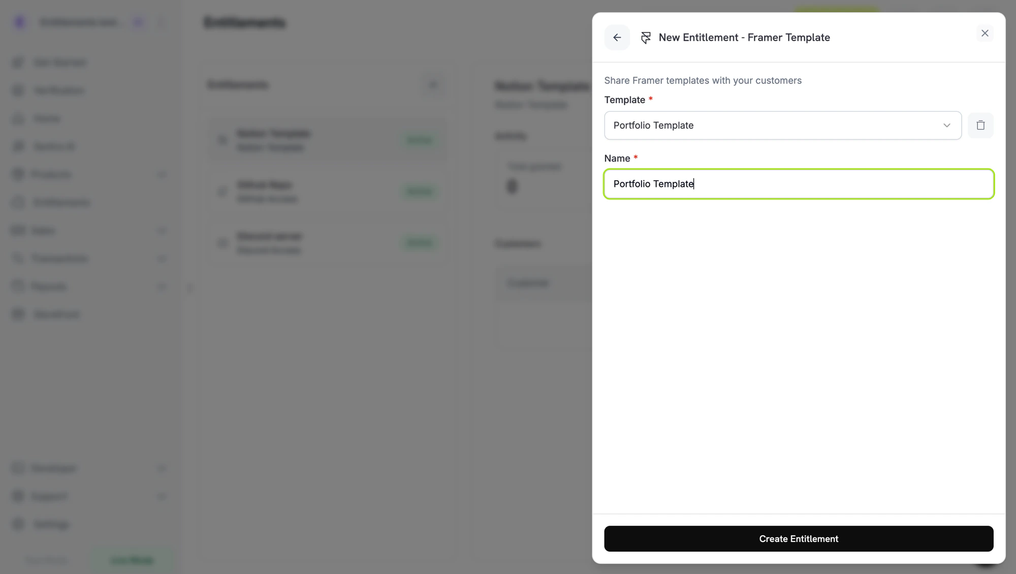 Framer template entitlement form with template picker and name field