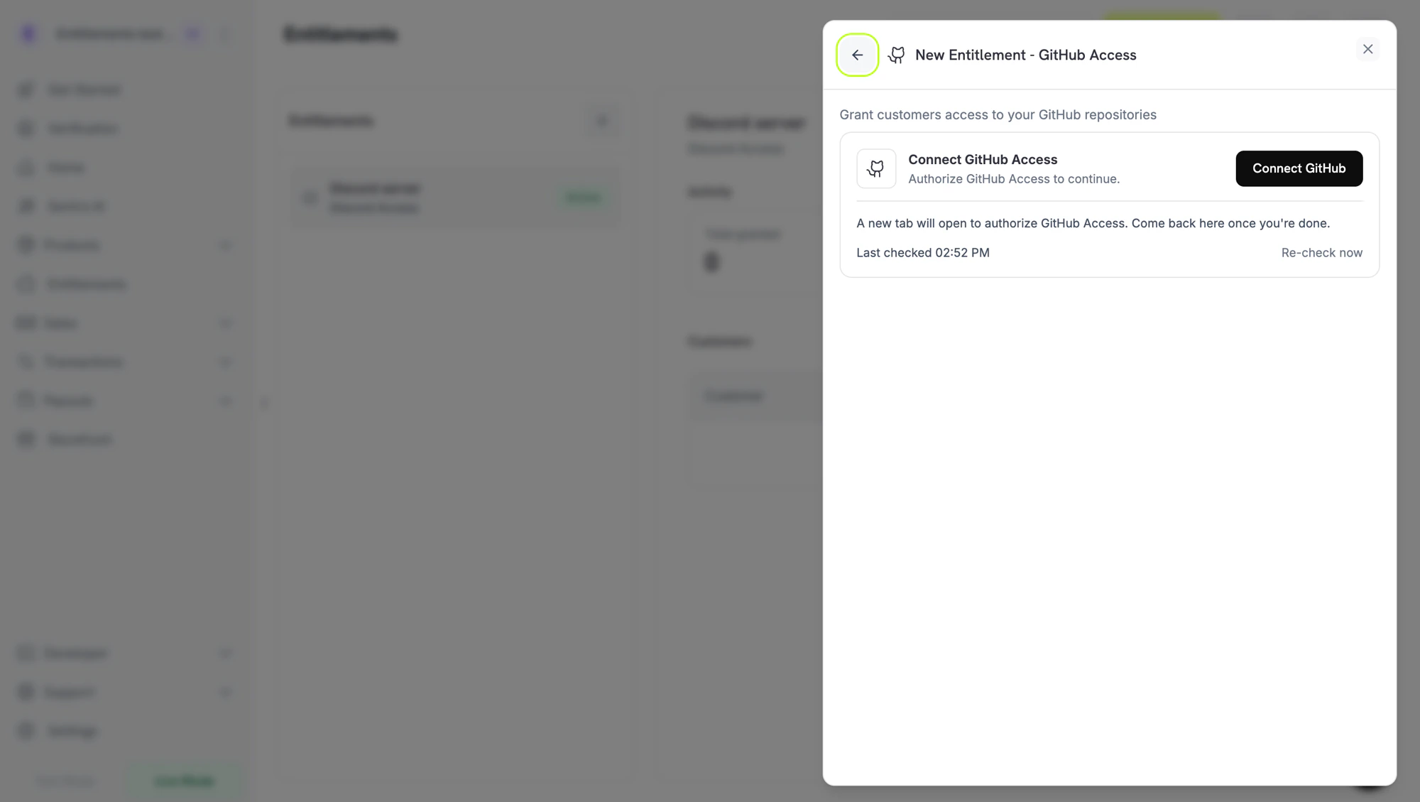 New entitlement panel prompting the merchant to connect GitHub