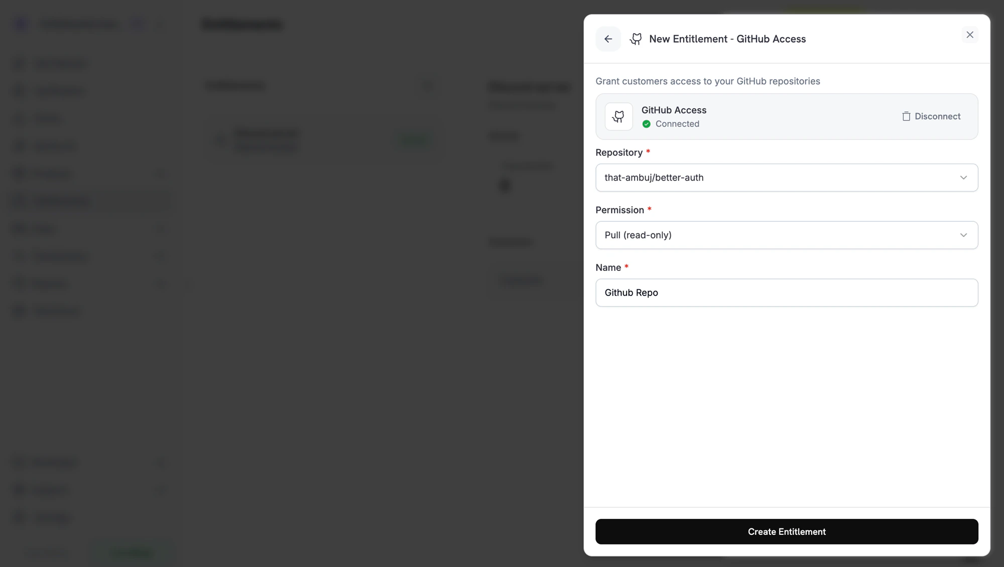 New Entitlement form with integration selector and configuration fields