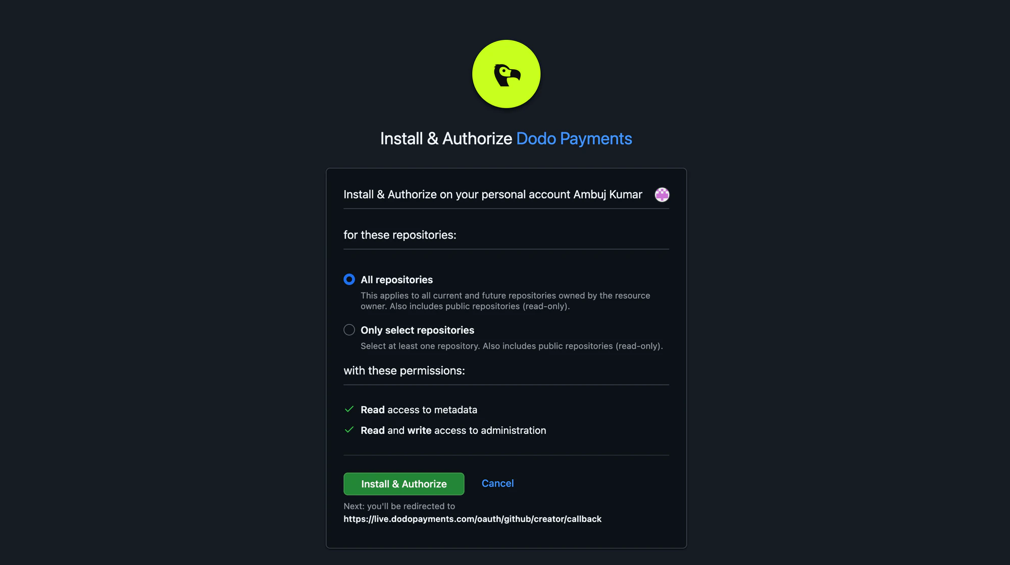 GitHub Install and Authorize page with All repositories and Only select repositories options