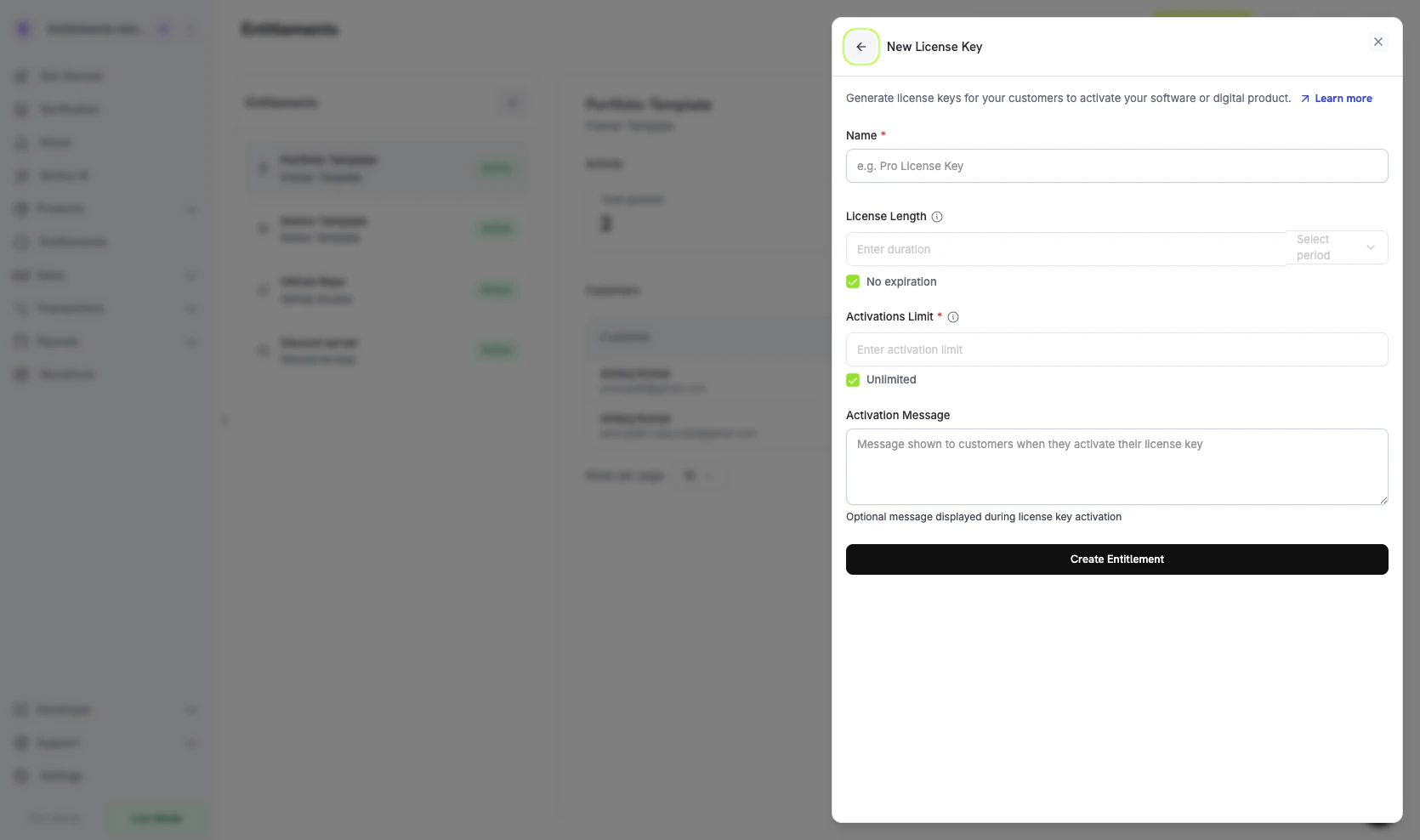 License Key entitlement form with activation limit, duration, and instructions