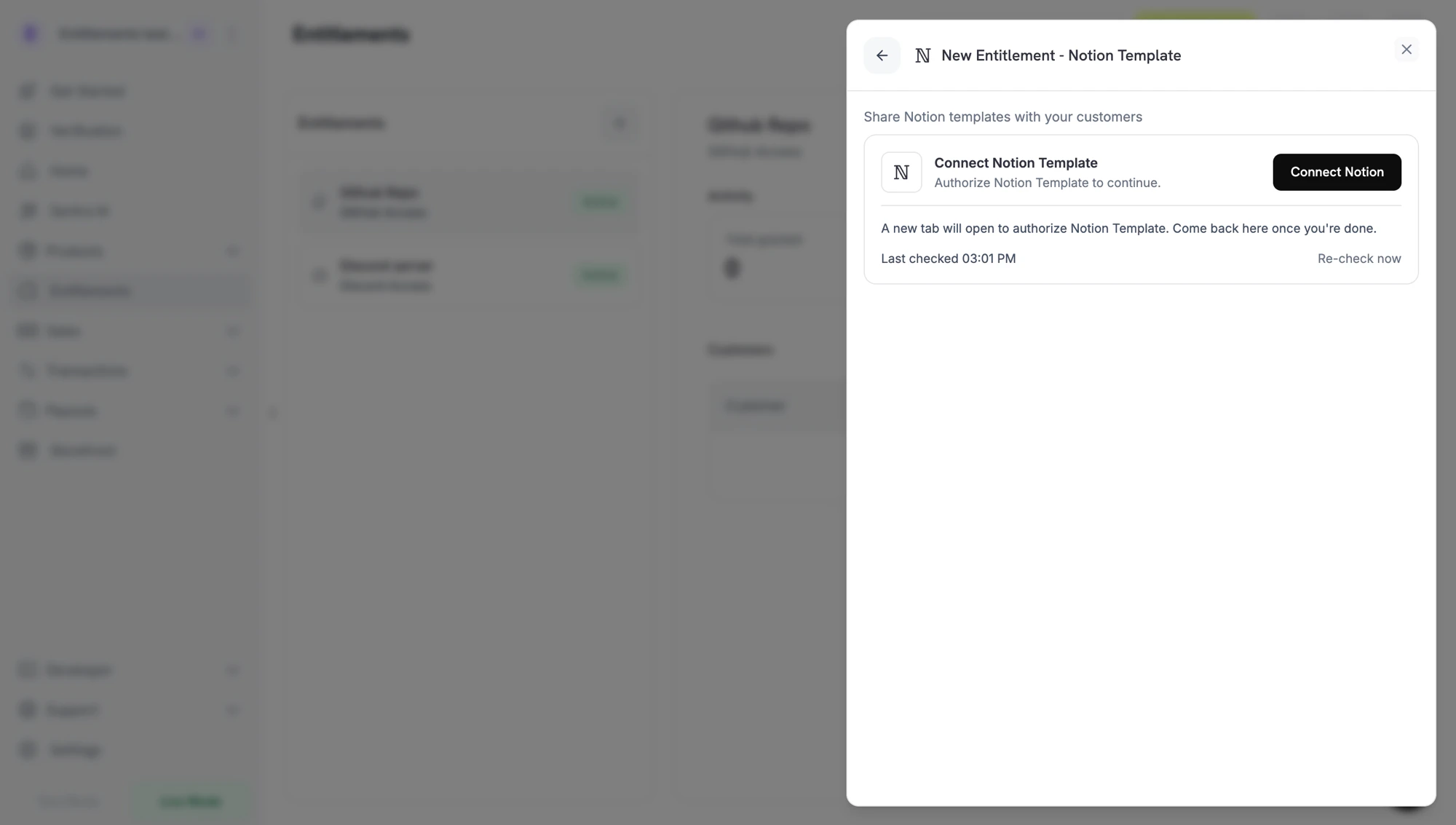 New entitlement panel prompting the merchant to connect Notion