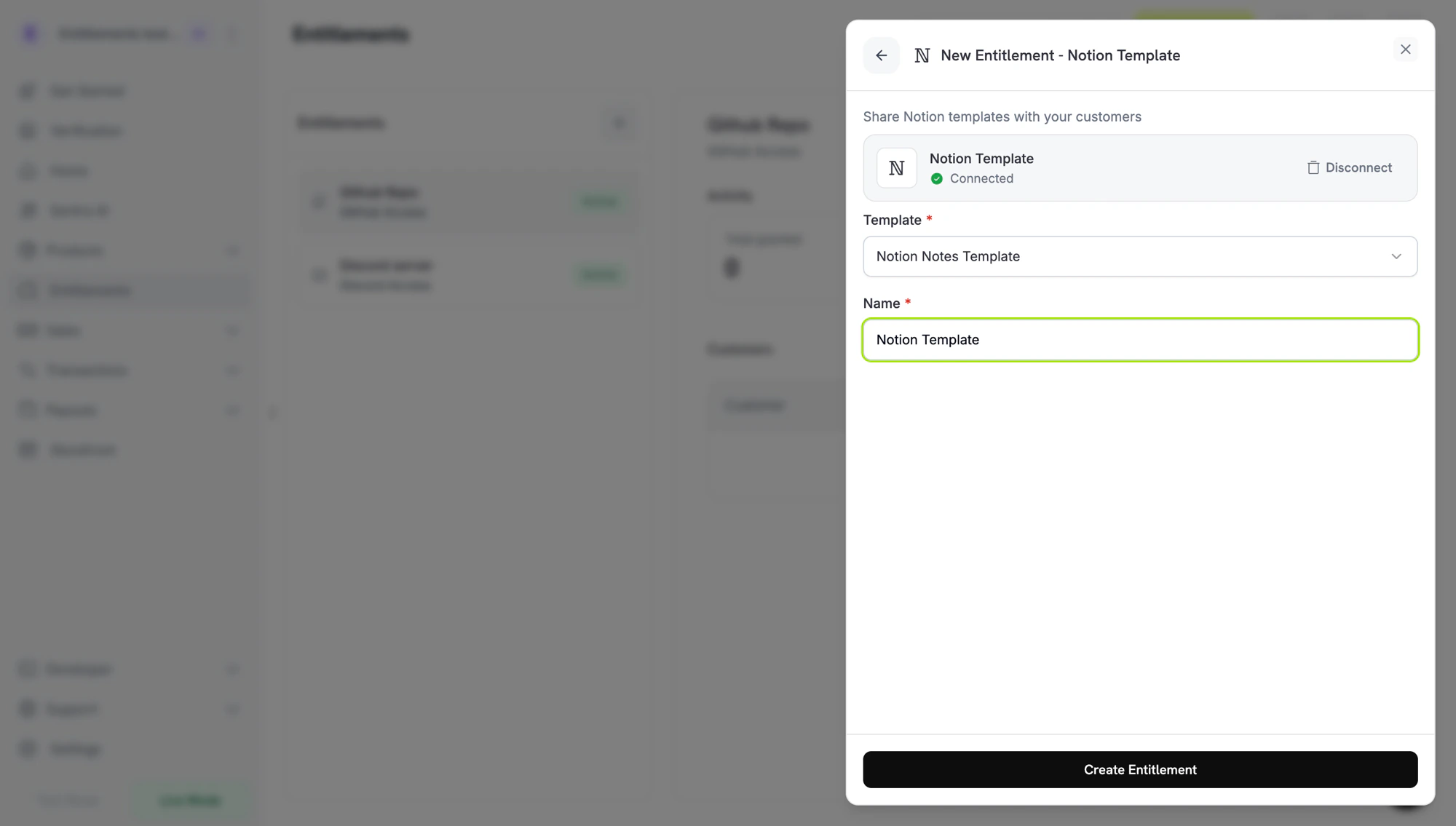 Notion entitlement form with connected workspace, template picker, and name field