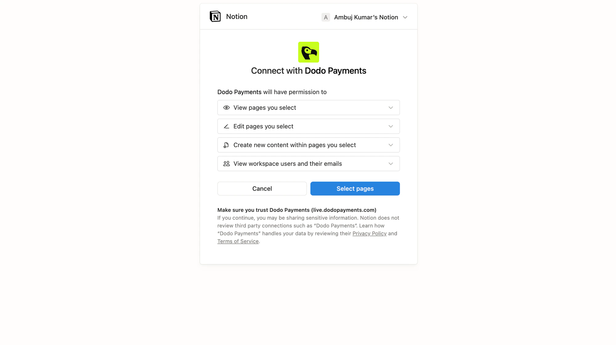 Notion OAuth permissions screen for Dodo Payments