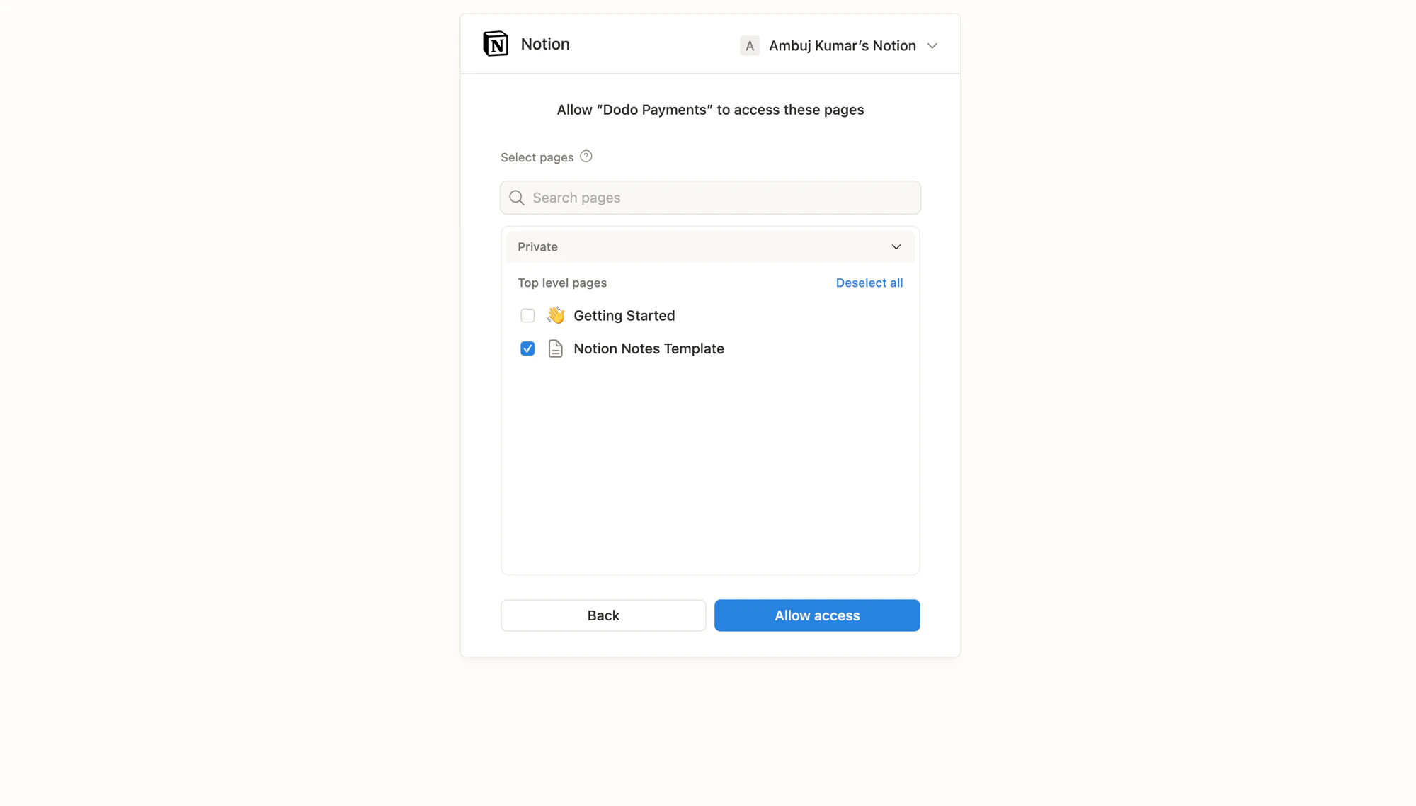 Notion page picker selecting which templates Dodo Payments can access