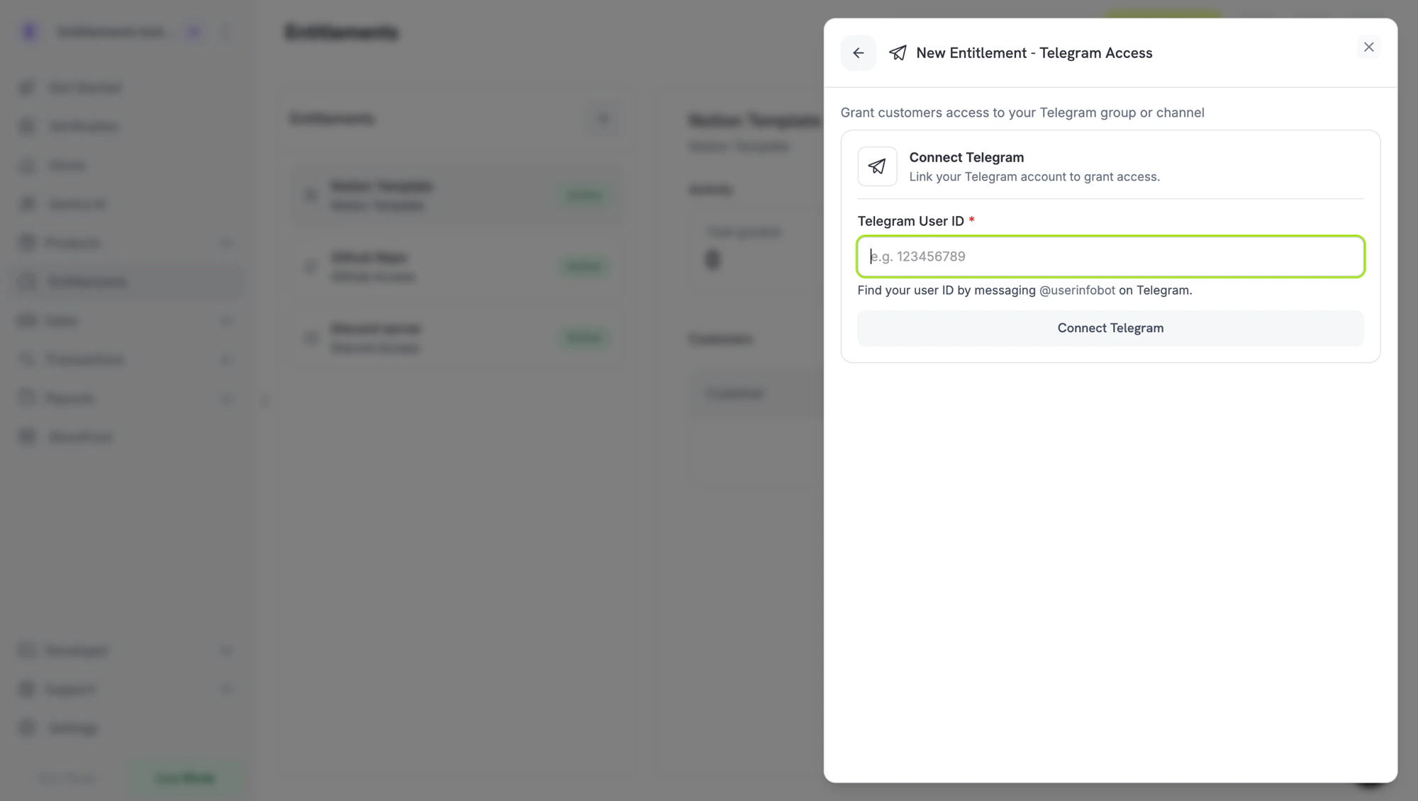 New Entitlement Telegram Access form prompting for Telegram user ID and Connect Telegram button