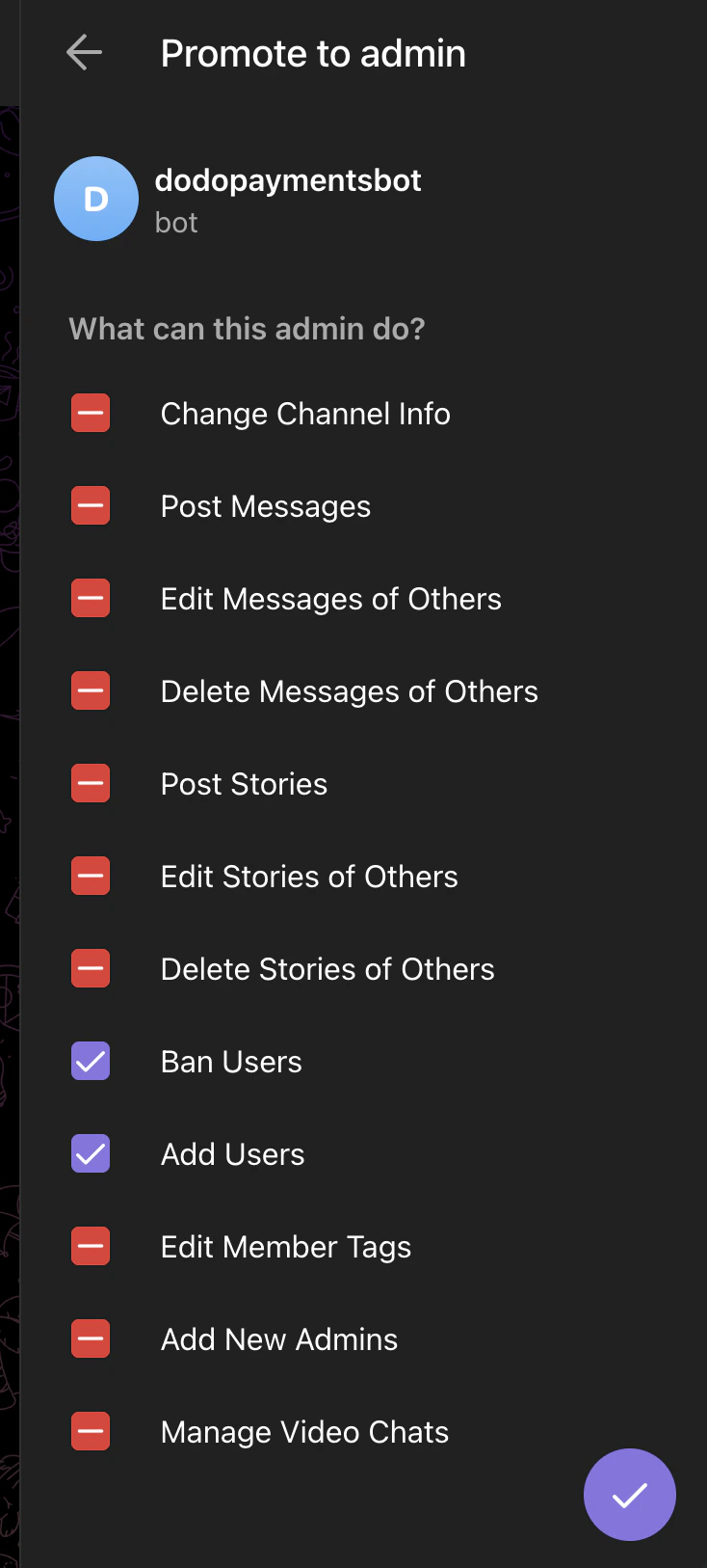 Telegram Promote to admin screen showing Ban Users and Add Users enabled for the Dodo Payments bot