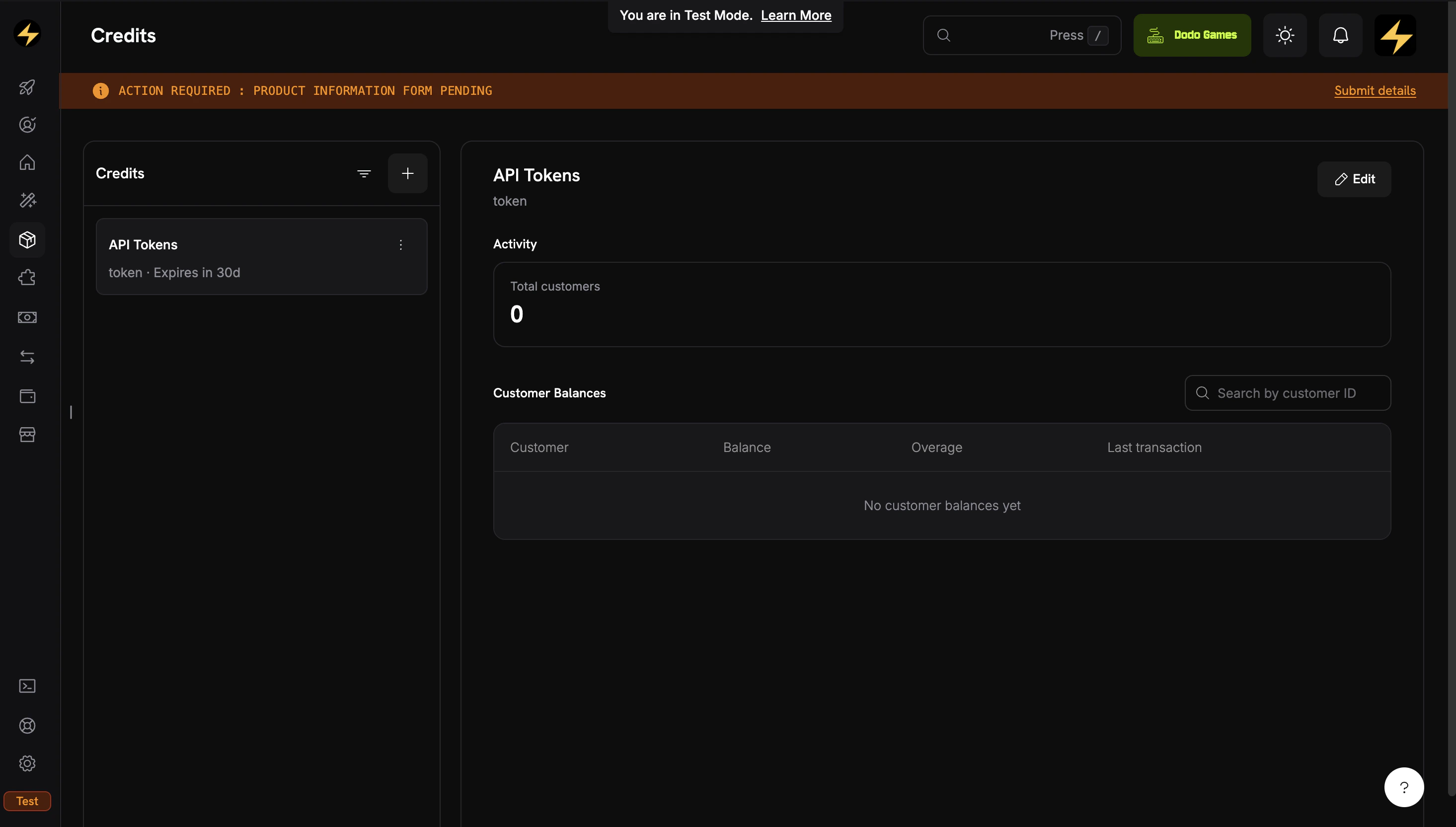 Credits listing page showing created credit entitlements