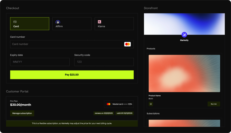 Dodo Pulses theme in dark mode showing checkout, customer portal, and storefront