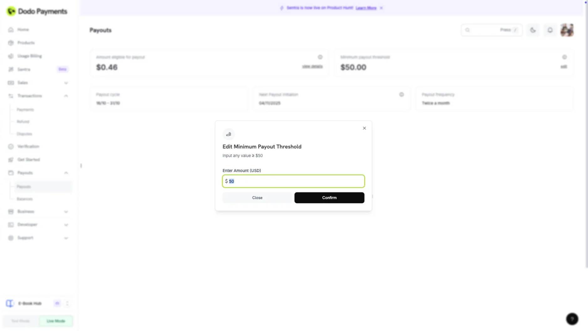 Edit payout threshold in dashboard