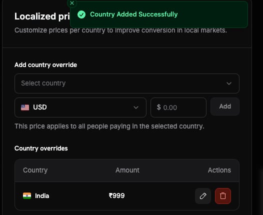 Country overrides table showing India at 999 INR