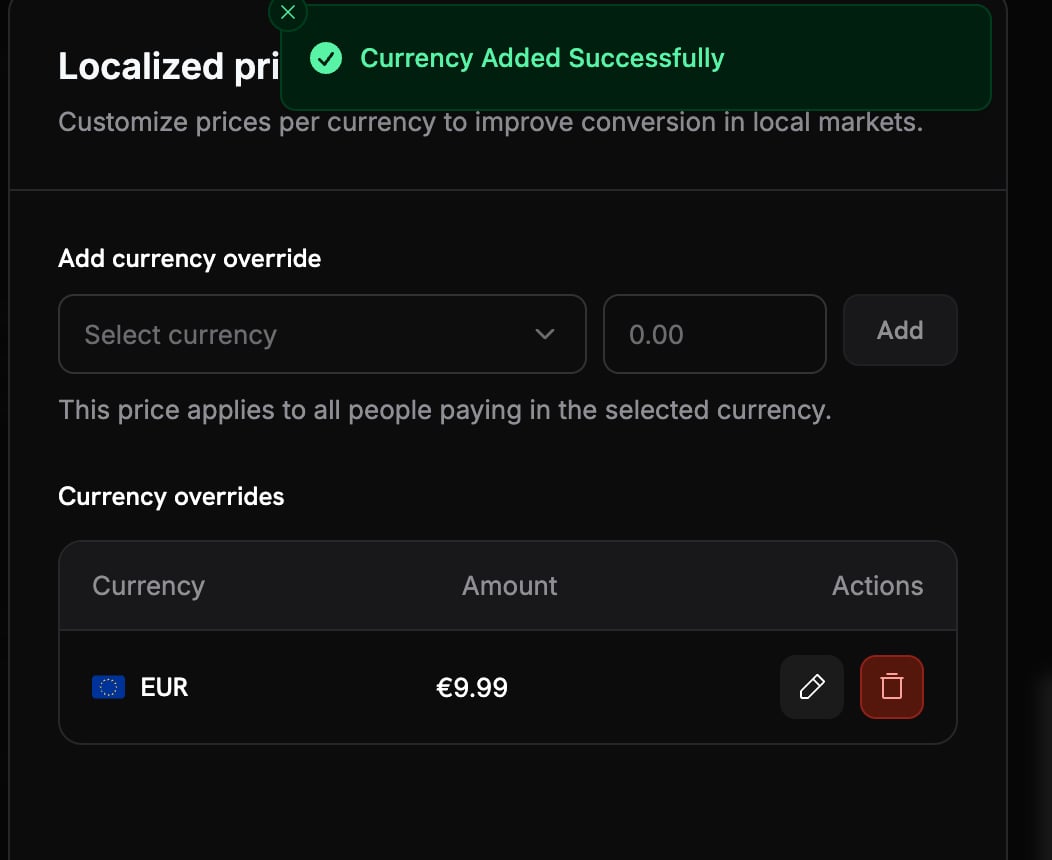 Currency overrides table showing EUR at 9.99