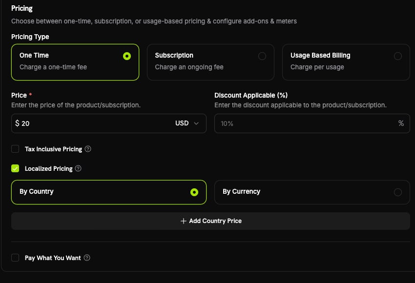 Localized Pricing enabled on the product form with By Country selected