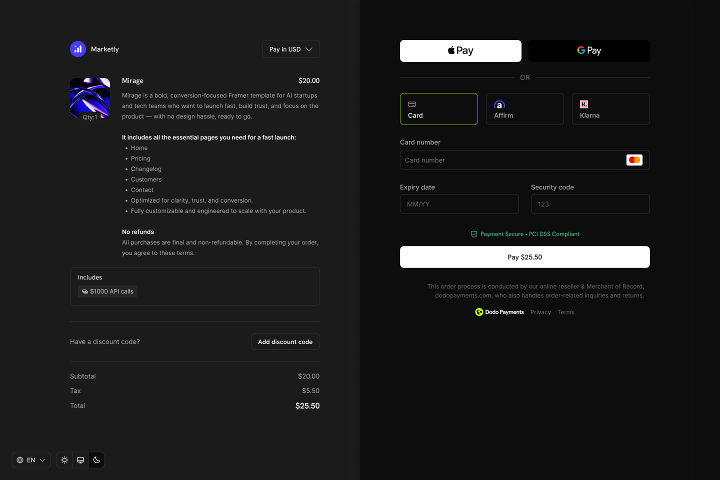 Checkout showing included credits with the product purchase