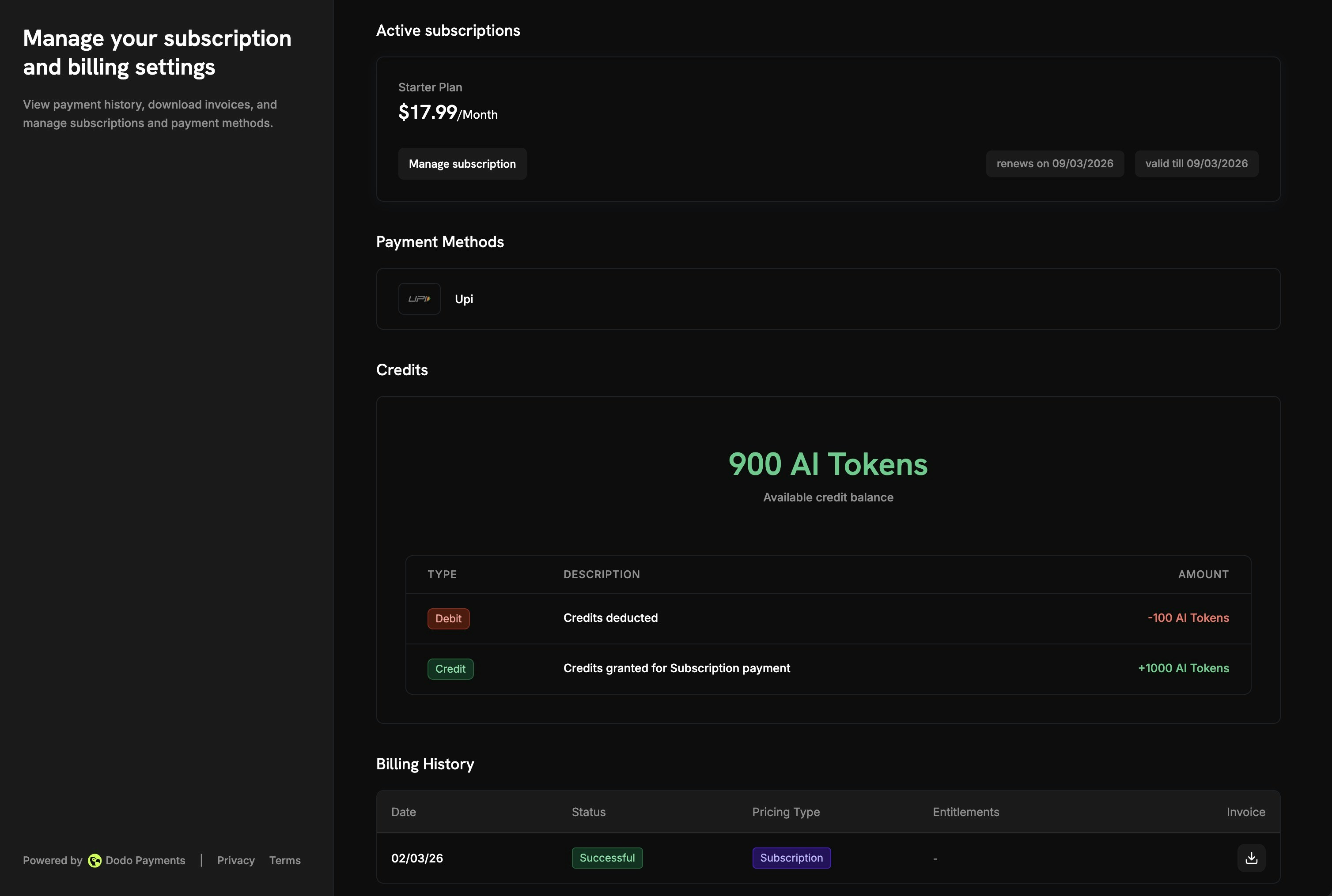 Customer Portal credits view with balance and transaction history