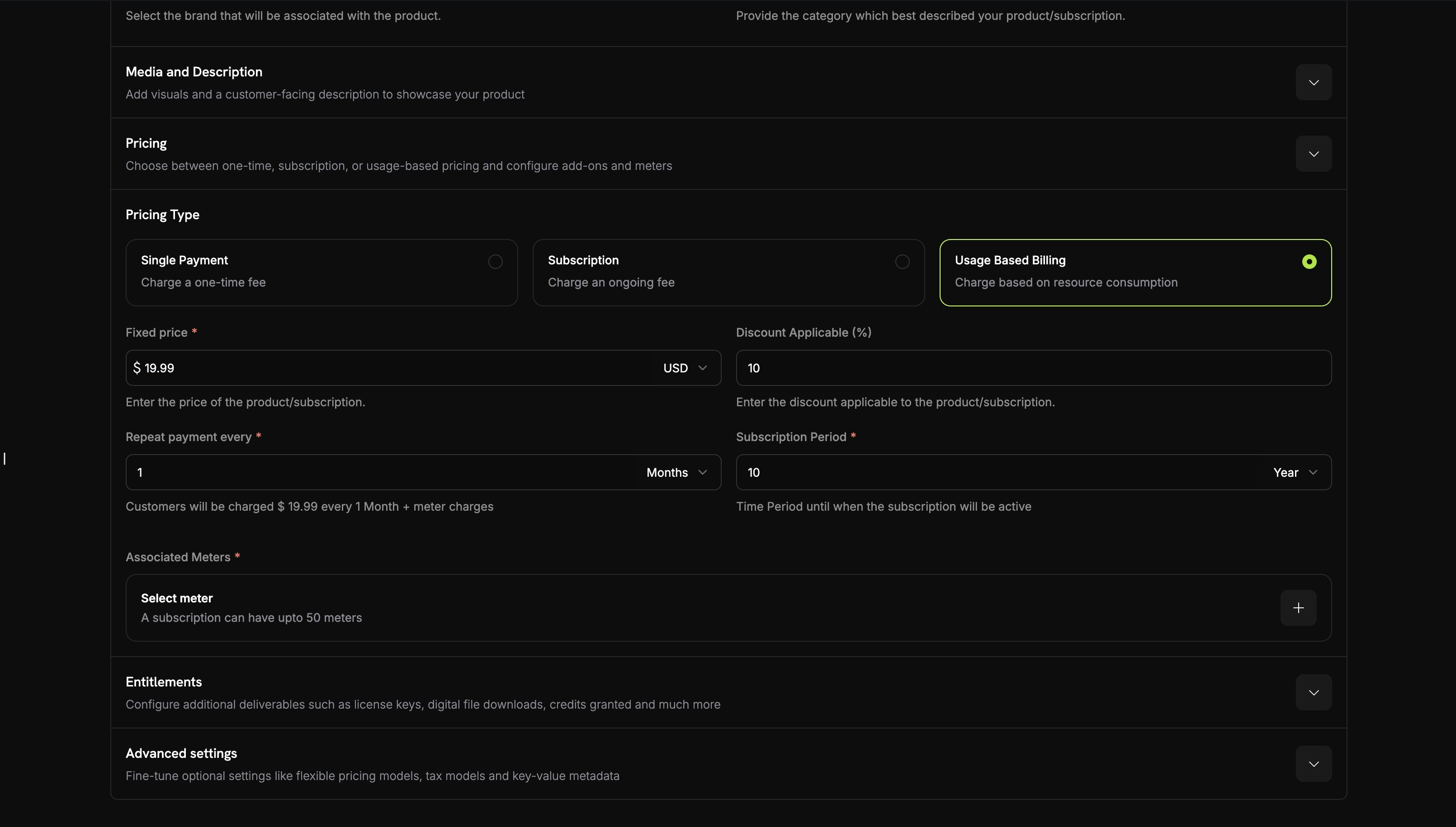 Configured meter showing credit attachment details