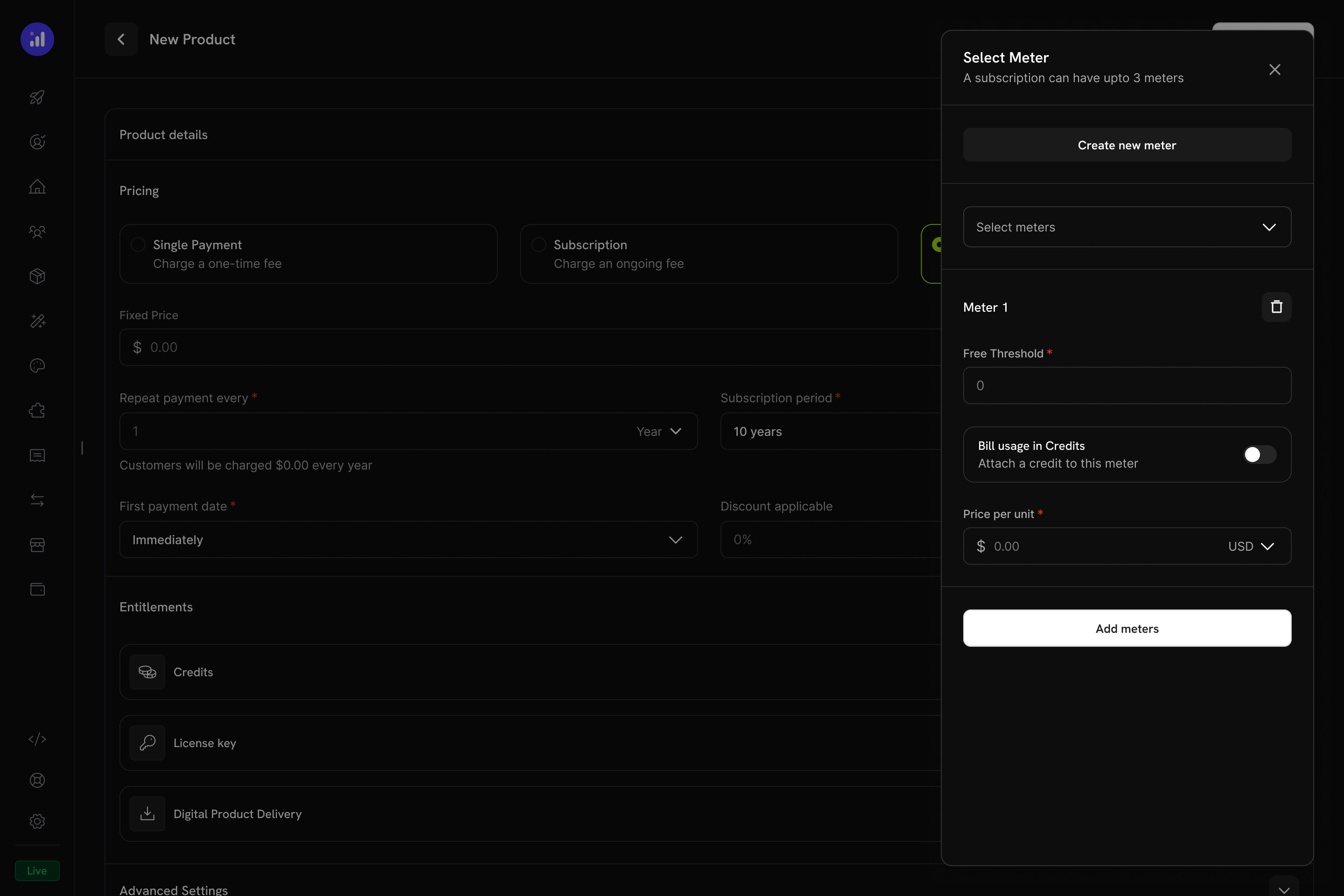 Select Meter panel showing free threshold and credit toggle