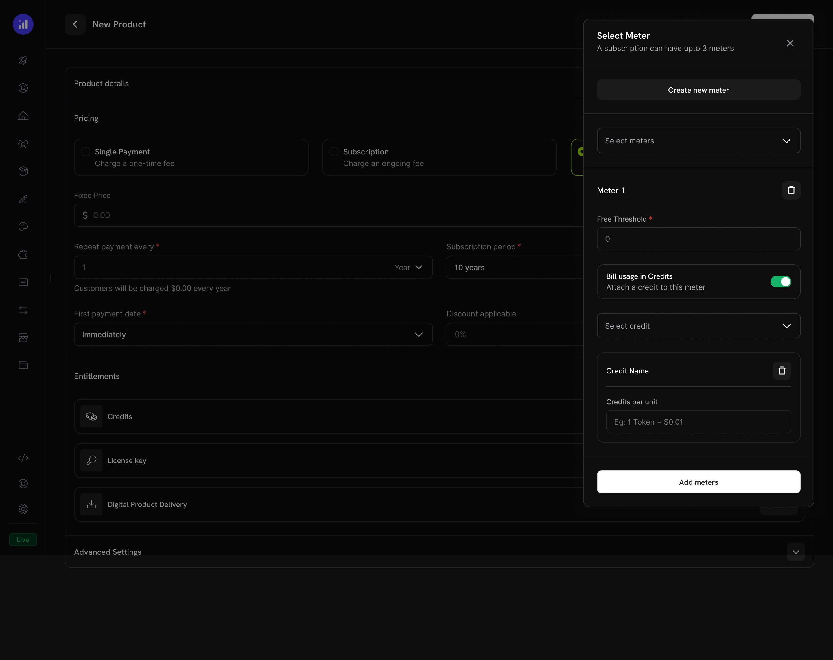 Meter configuration with credit selection and meter units per credit