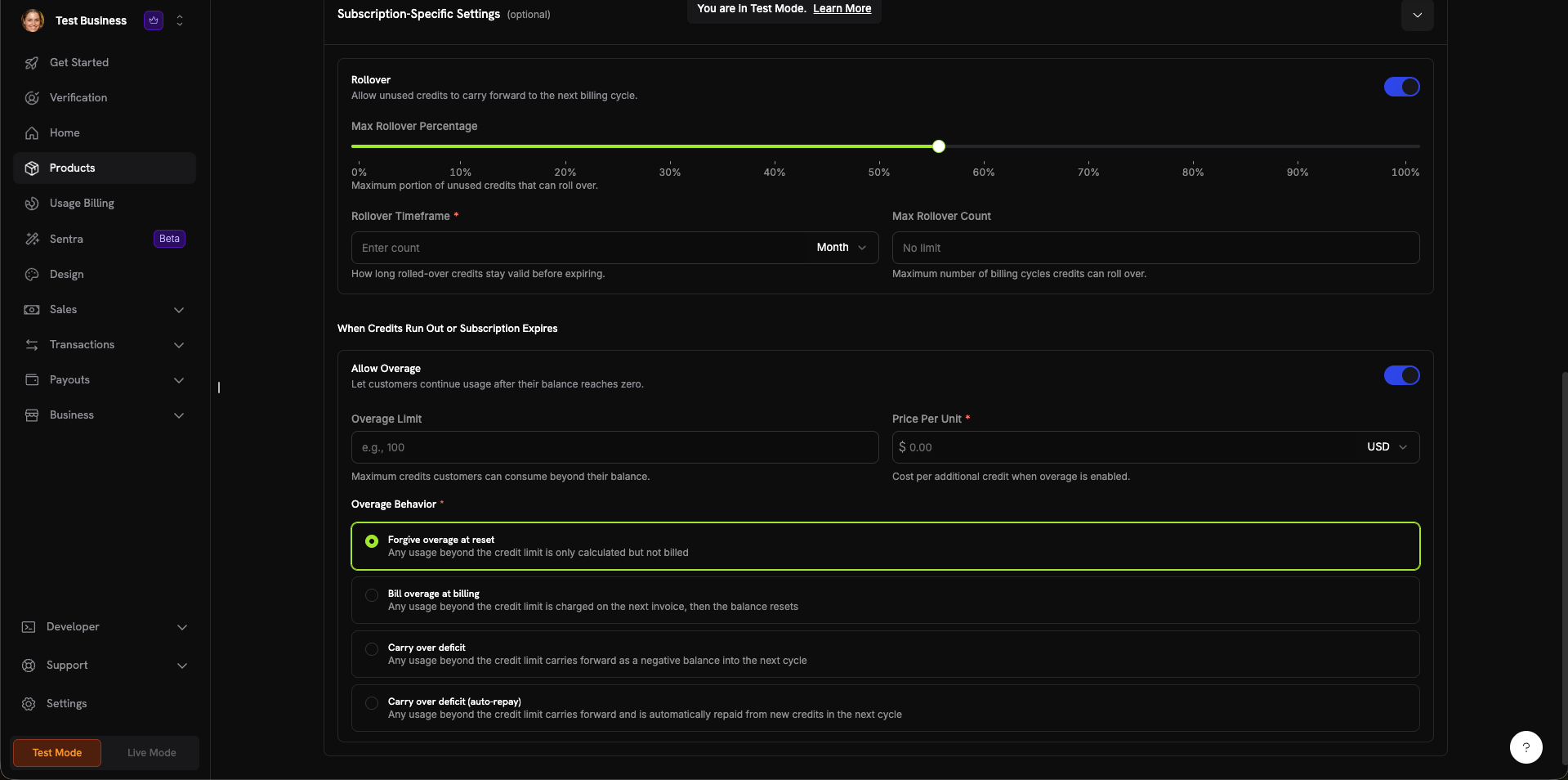 Credit creation form showing basic info, general settings, and subscription settings