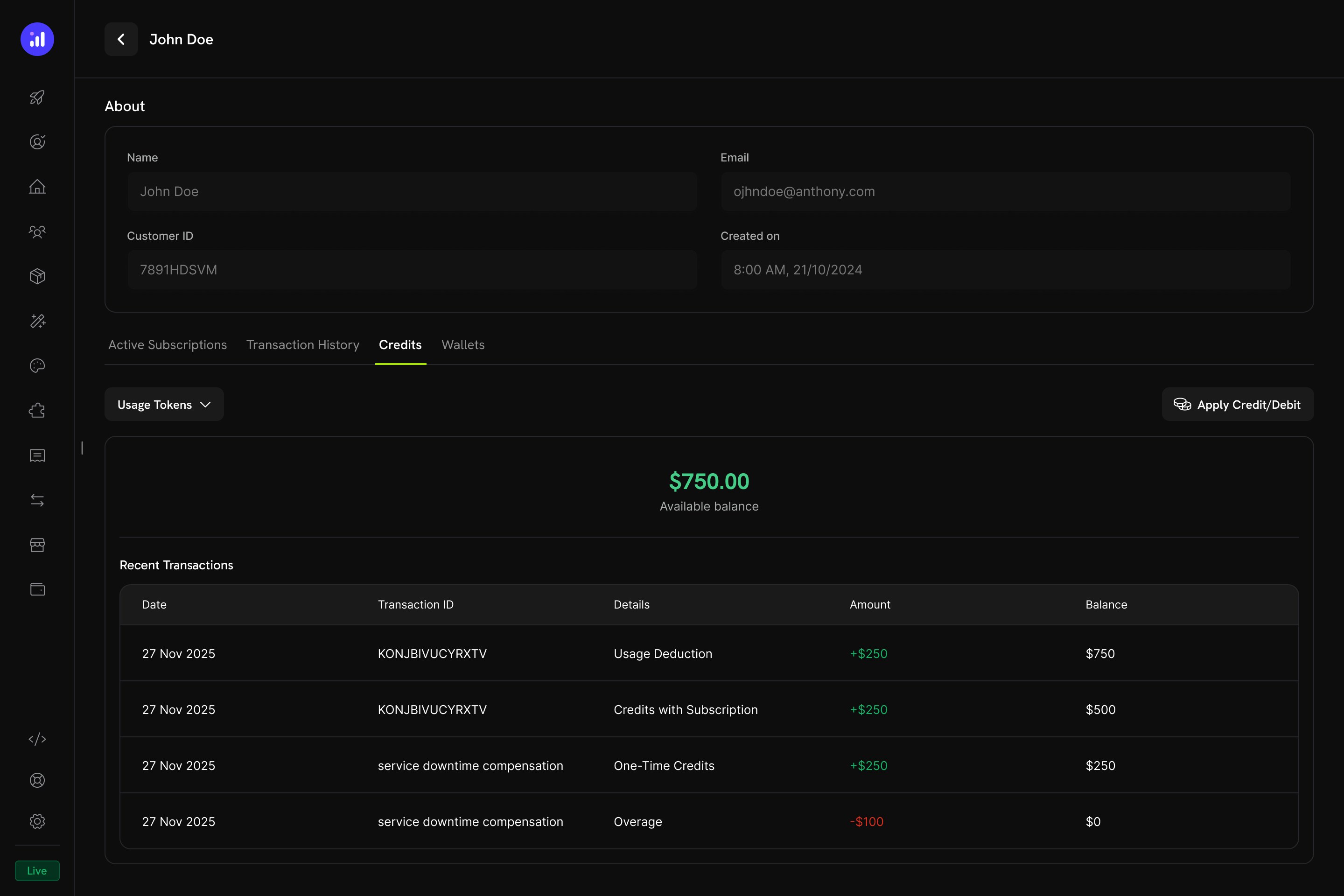 Customer details page with Credits tab showing balance and transactions