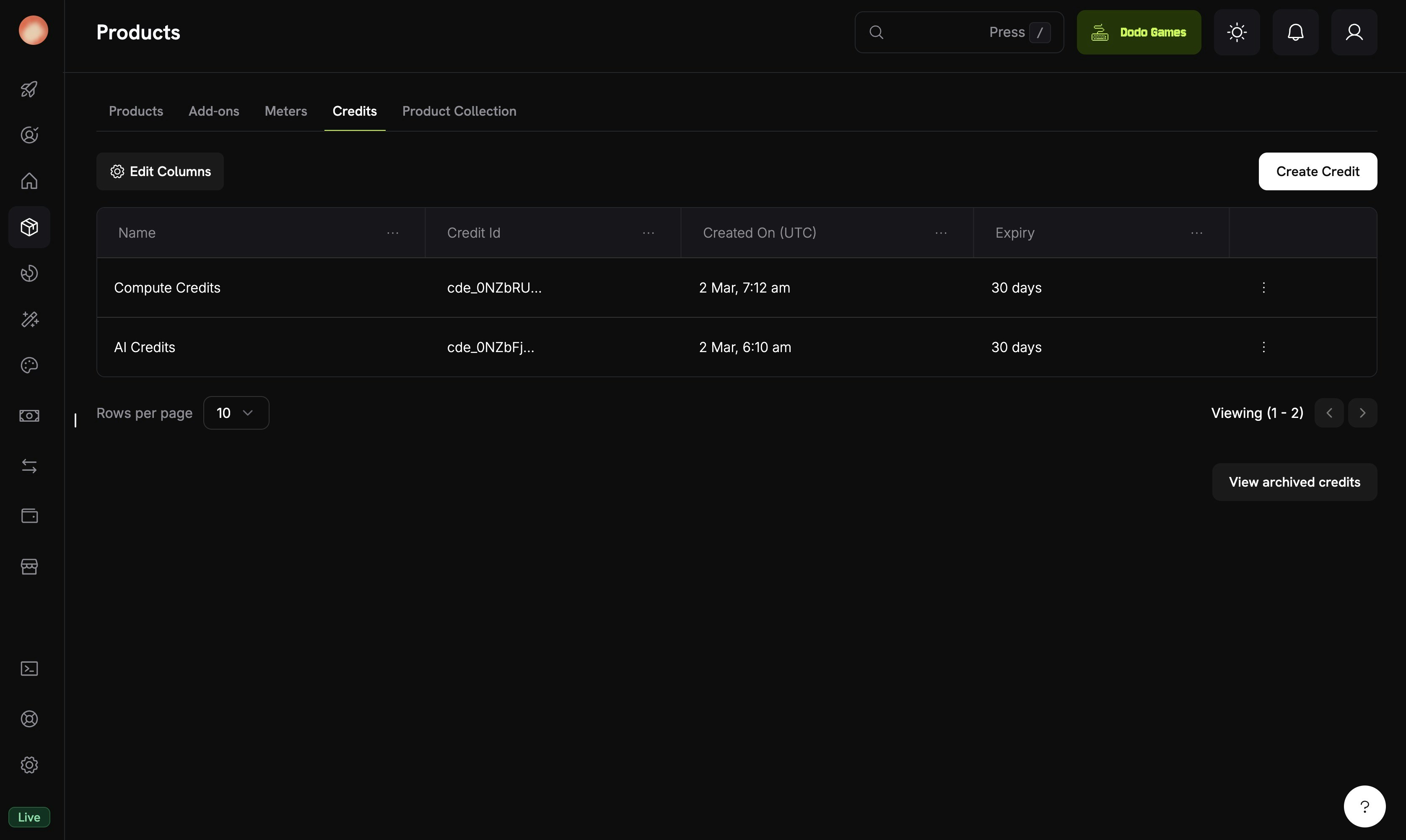 Credits listing page showing created credit entitlements