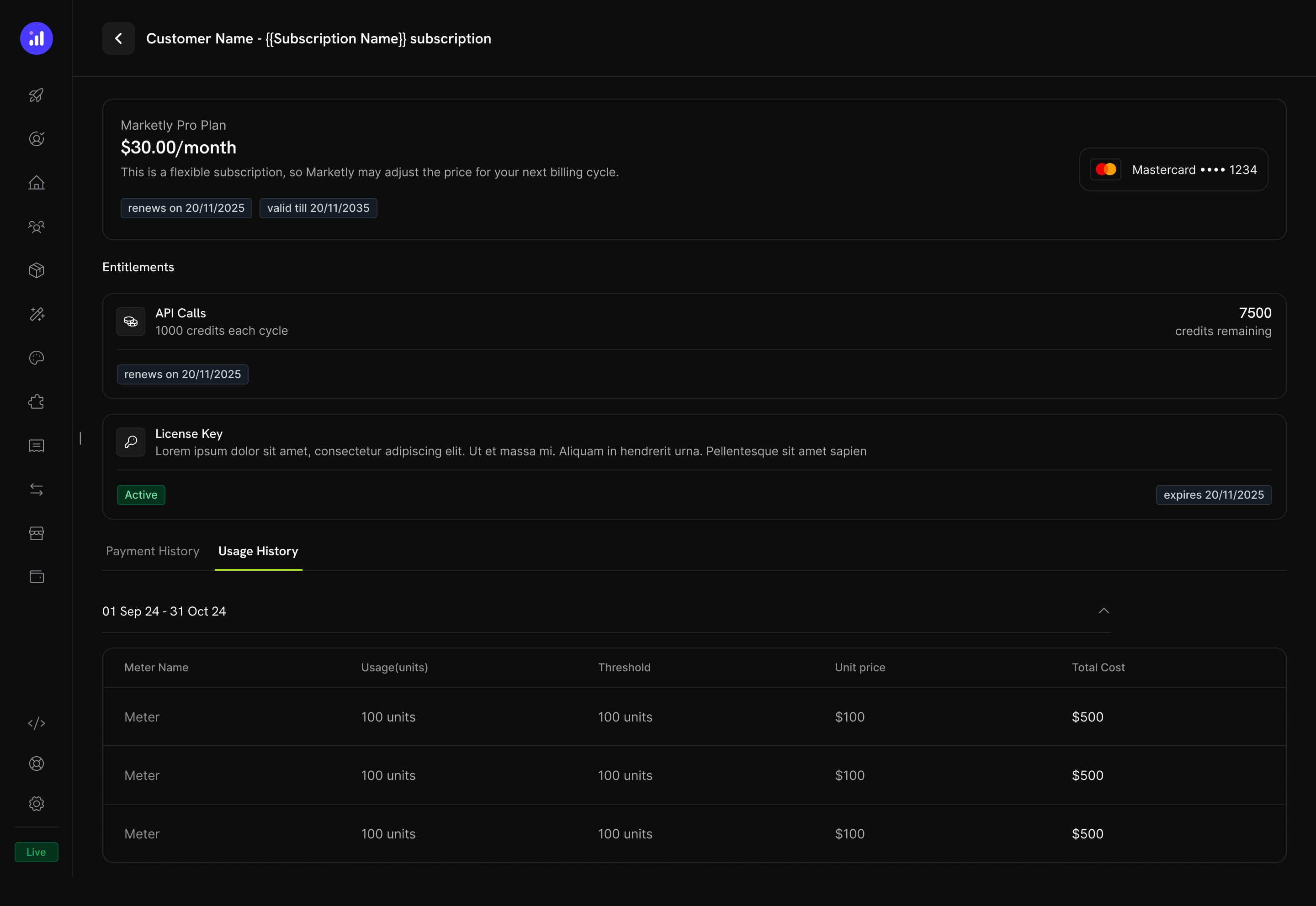 Subscription details page showing entitlements and usage history