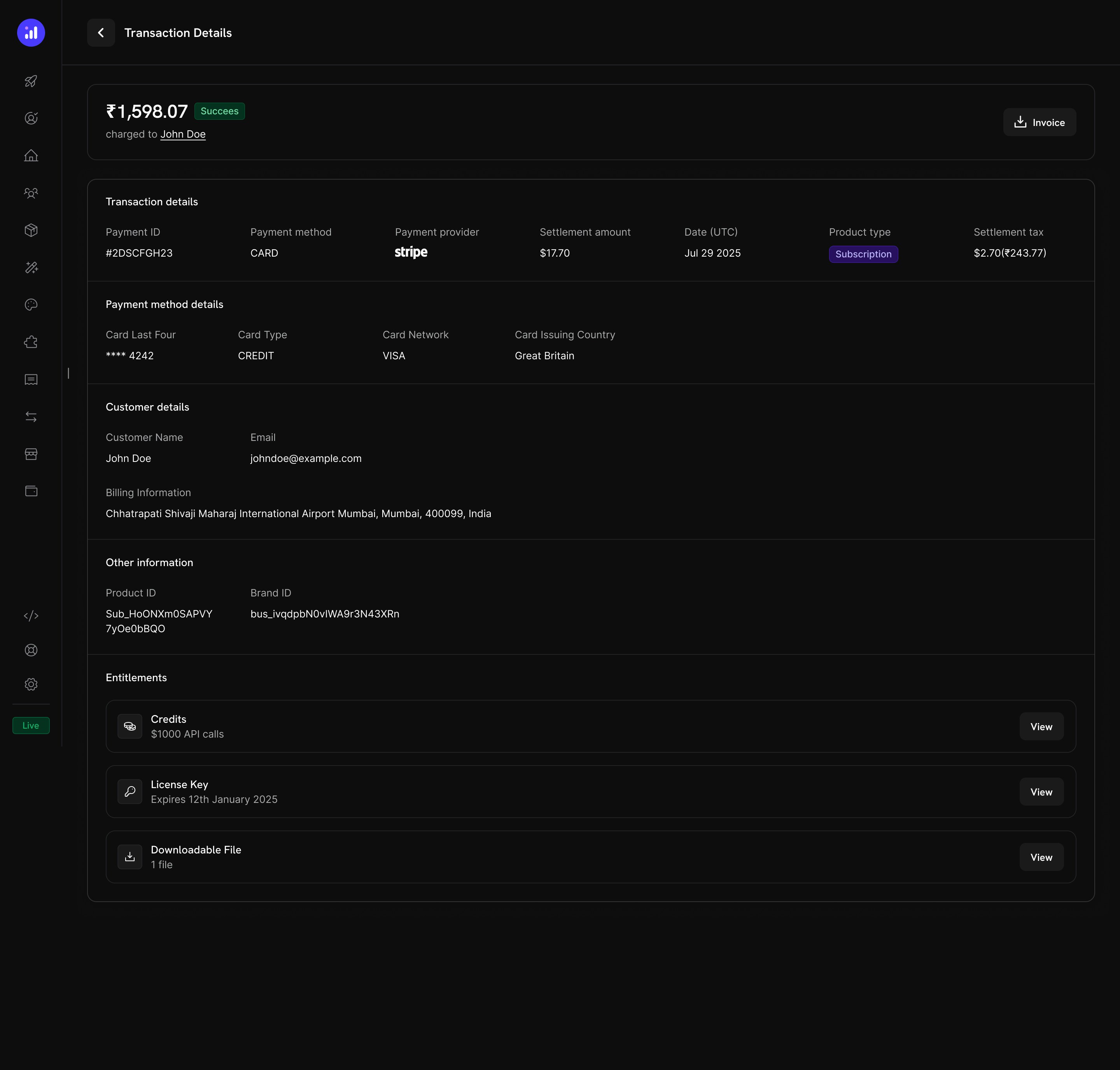 Transaction details page showing credit entitlements