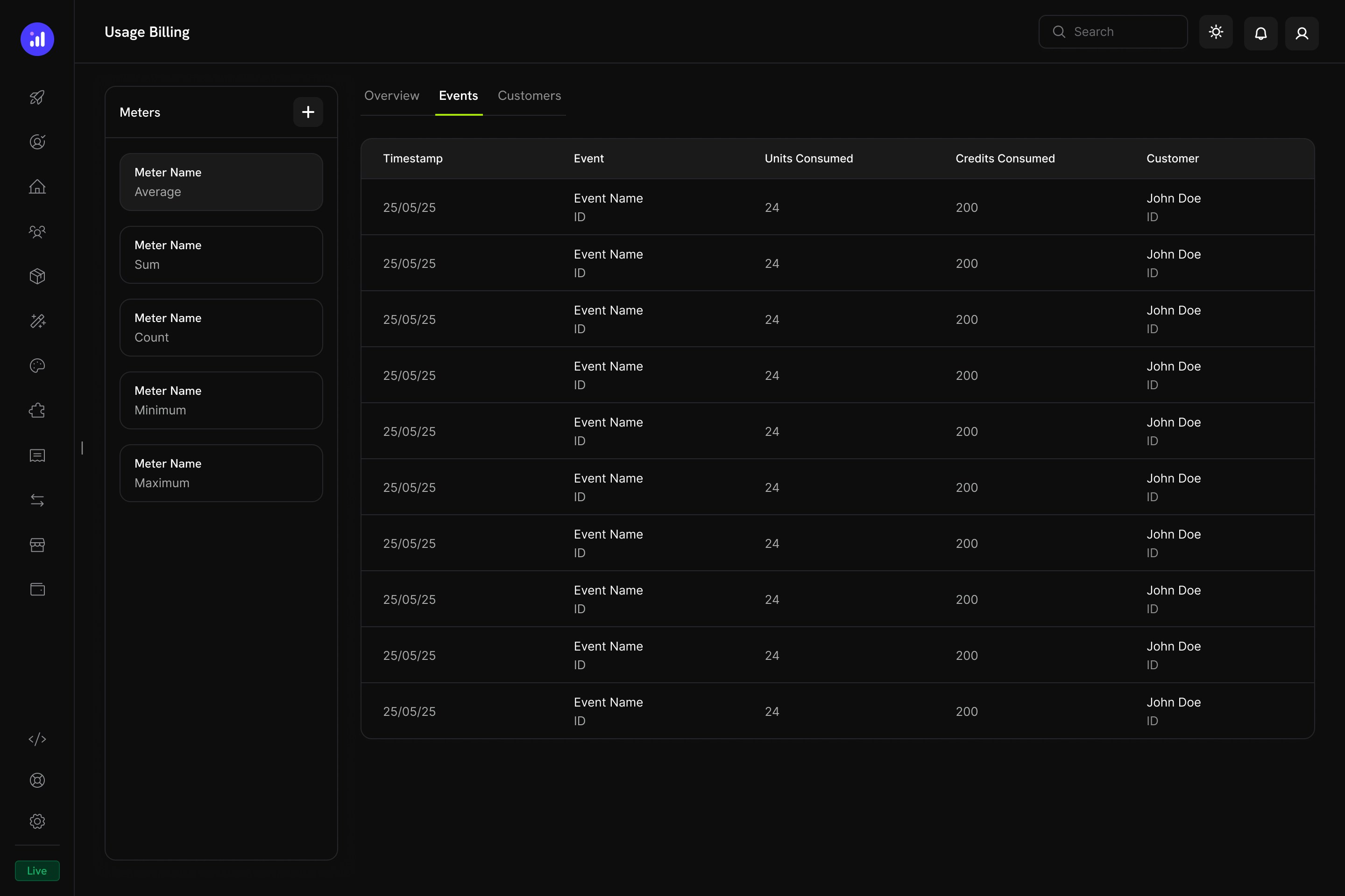Usage Billing dashboard showing events table with credits consumed