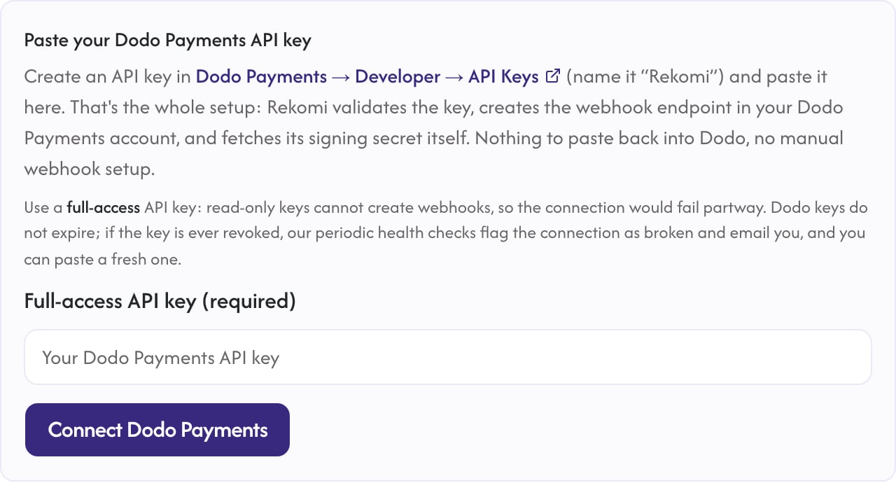 Rekomi's Dodo Payments setup page with the single API key field and connect button