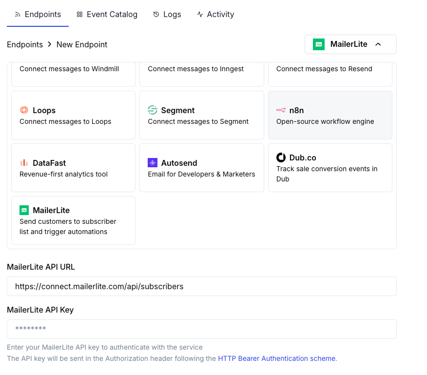 Add Endpoint and integrations dropdown
