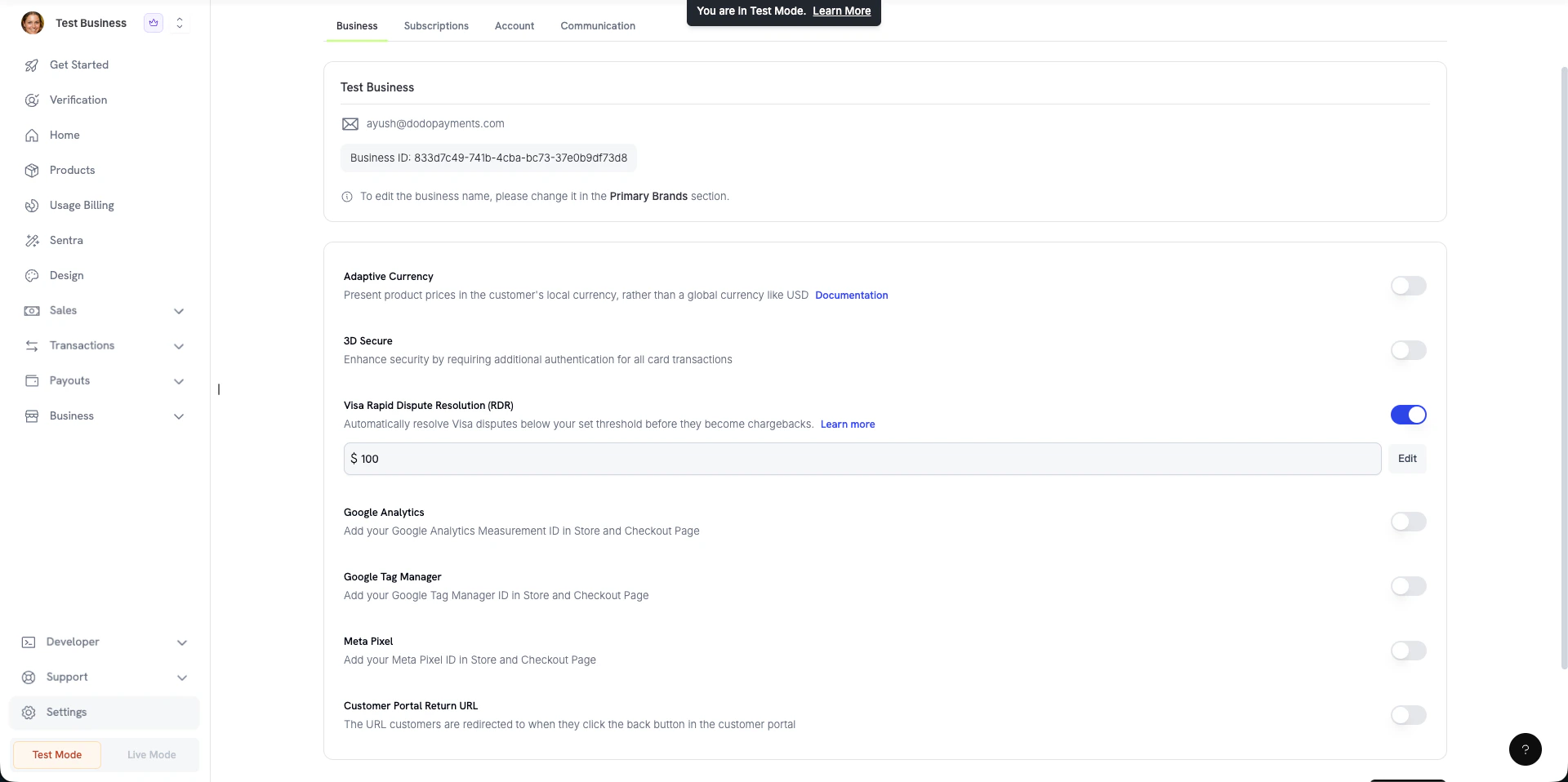 Visa RDR settings showing the enabled toggle and threshold configuration