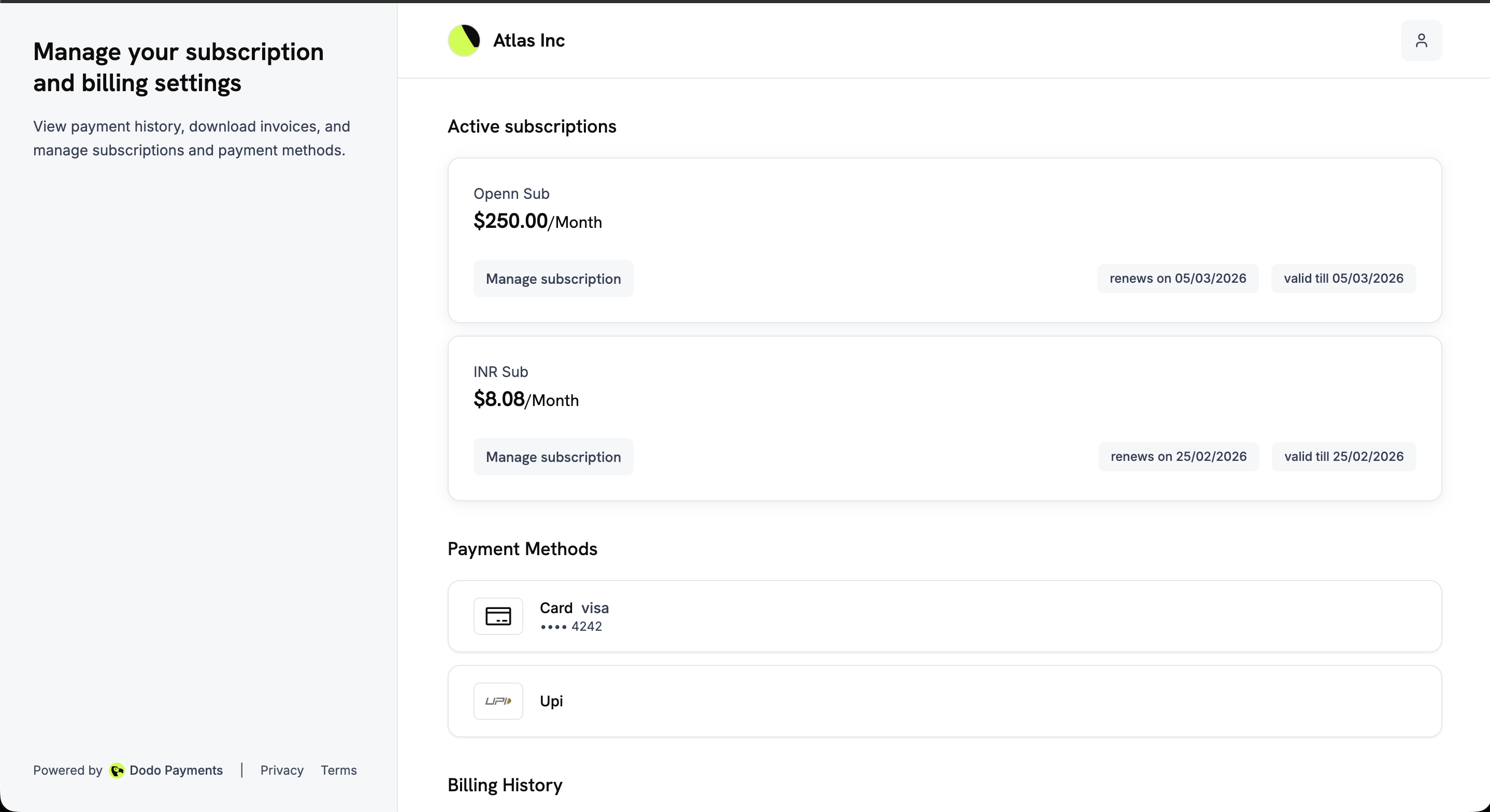 Revamped Customer Portal showing active subscriptions, payment methods, and billing history