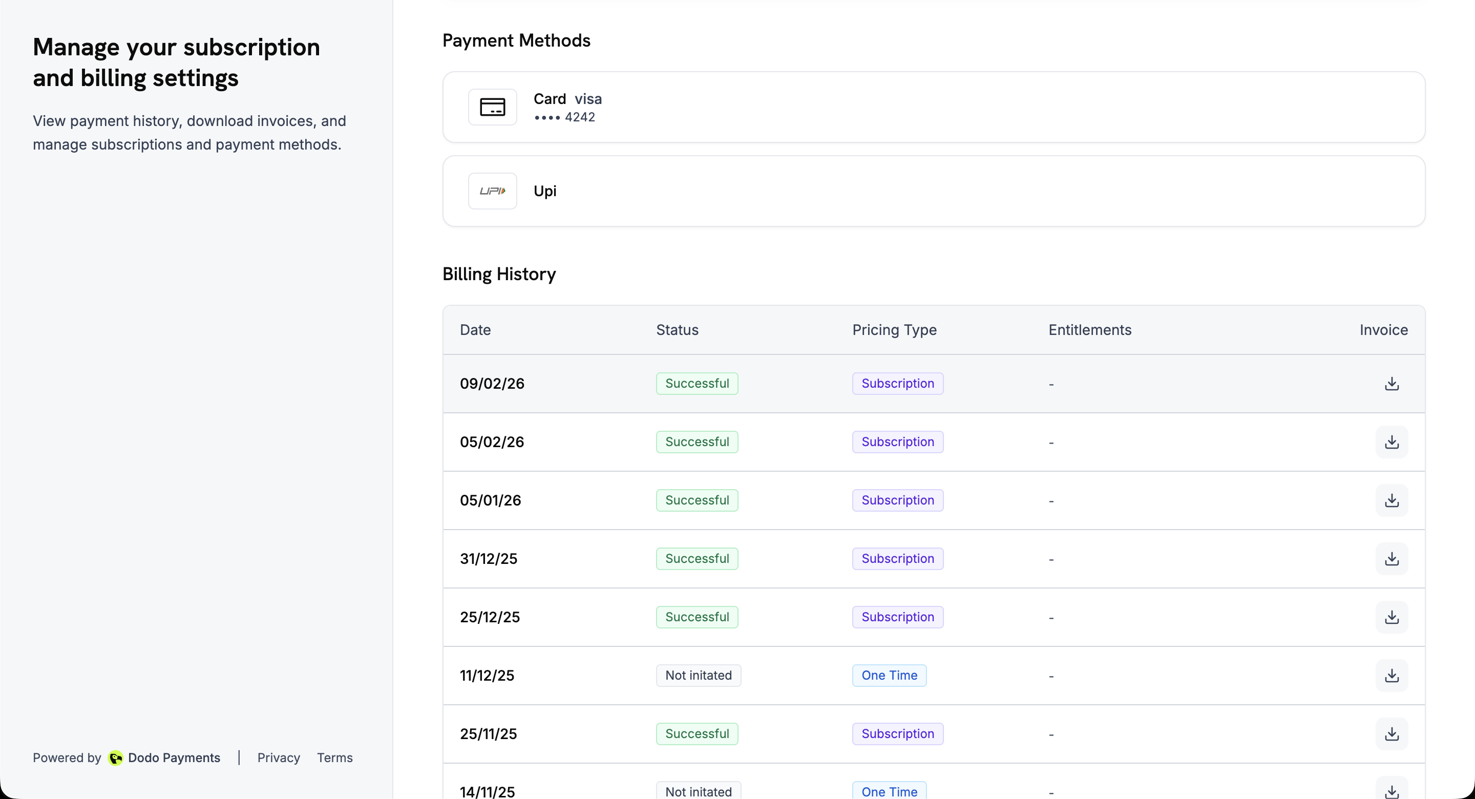 Payment methods and billing history with invoice downloads