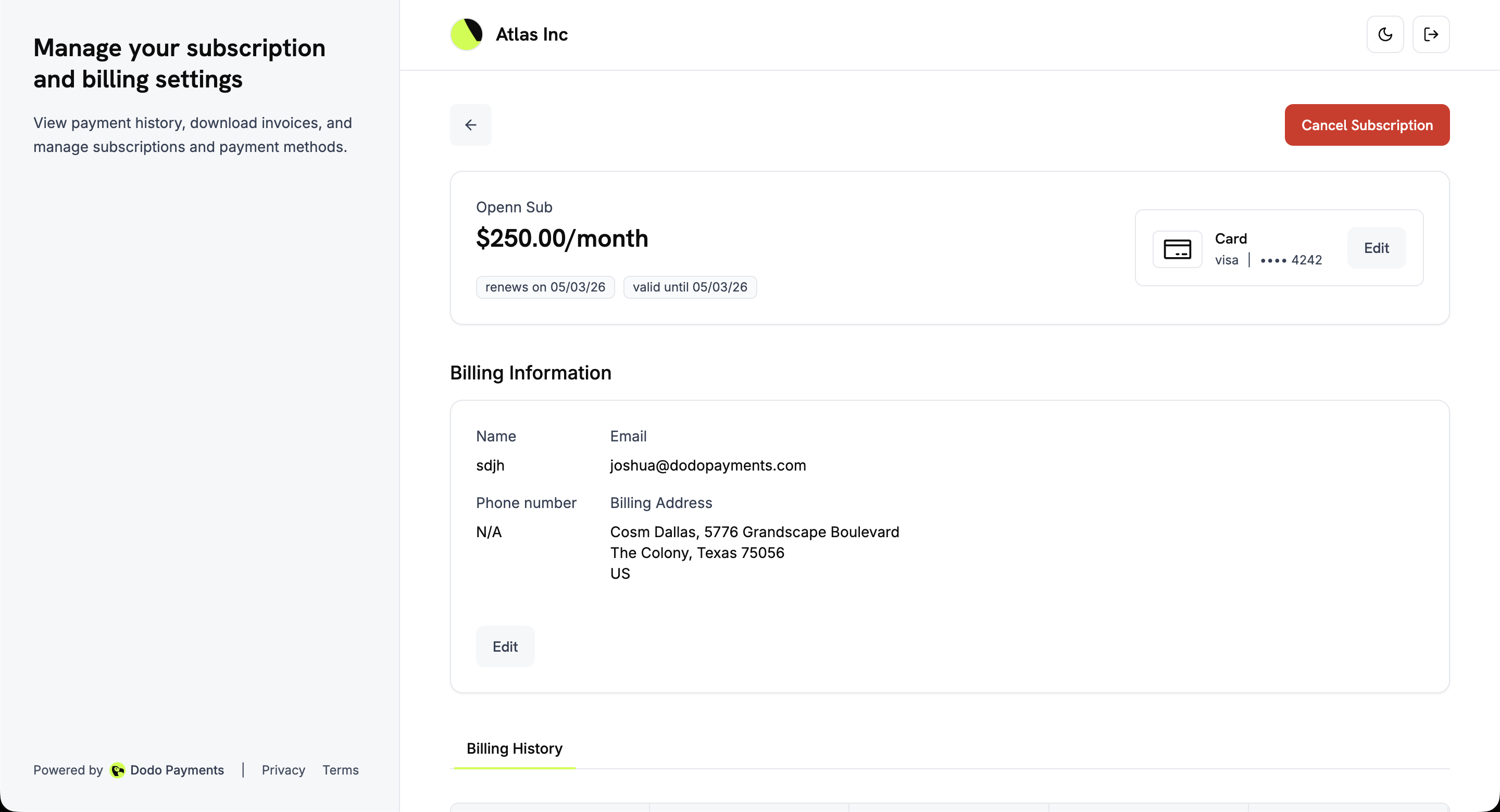 Subscription details page showing plan info, payment method, billing information, and cancel option
