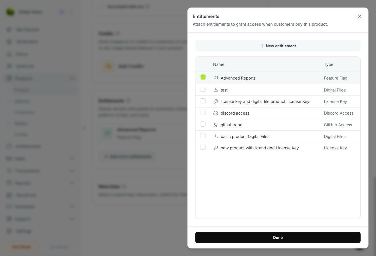 Entitlements attach panel with the Advanced Reports feature flag selected