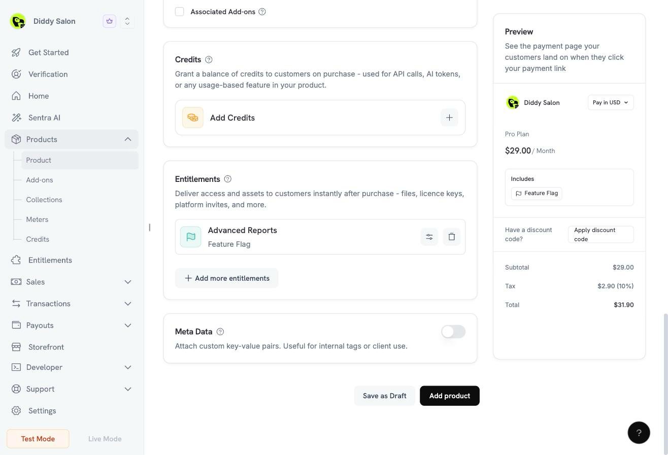 Product form with the Advanced Reports feature flag attached in the Entitlements card