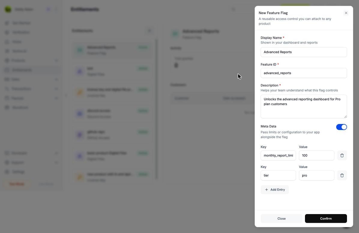 New Feature Flag form with display name, feature ID, description, and metadata key-value entries