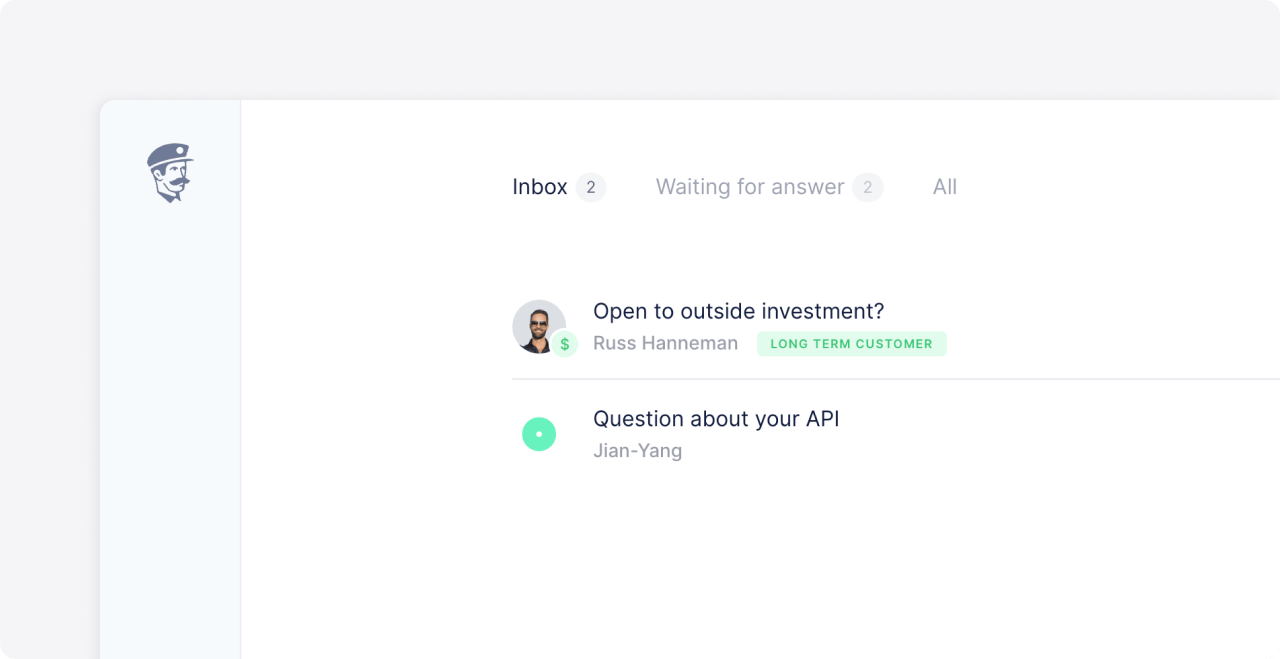 Fernand inbox with a conversation from a paying Dodo Payments customer marked with a dollar badge and a Long Term Customer tag