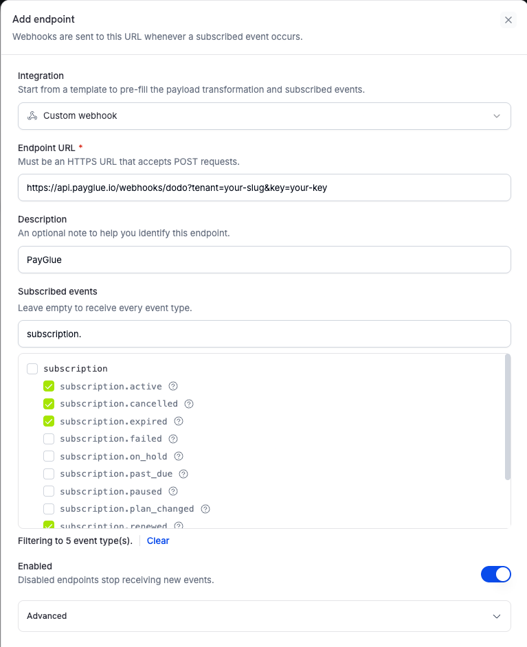 Add endpoint dialog in the Dodo Payments dashboard with the PayGlue webhook URL and the subscription events selected