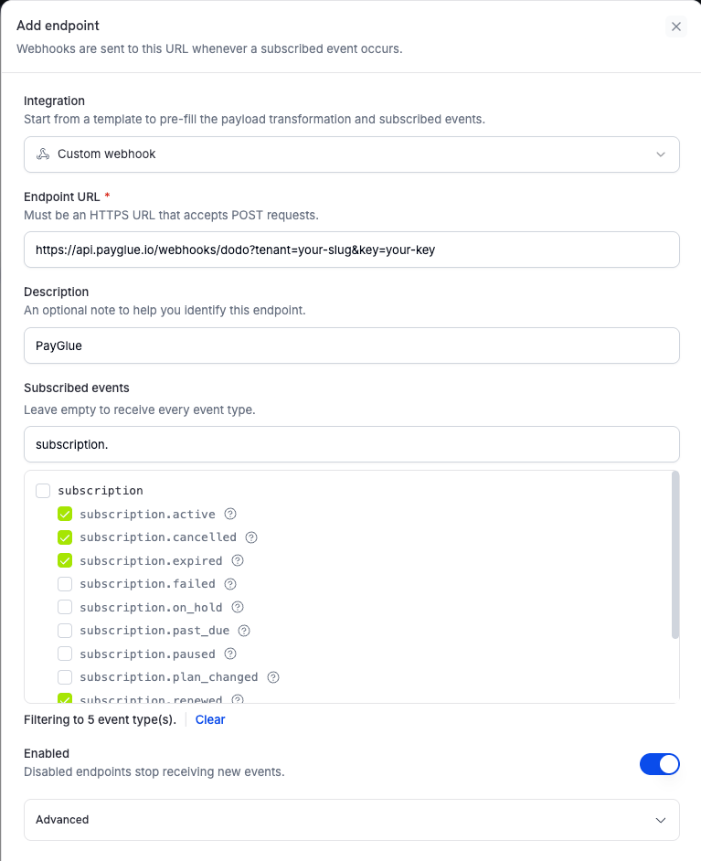 Add endpoint dialog in the Dodo Payments dashboard with the PayGlue webhook URL and the subscription events selected