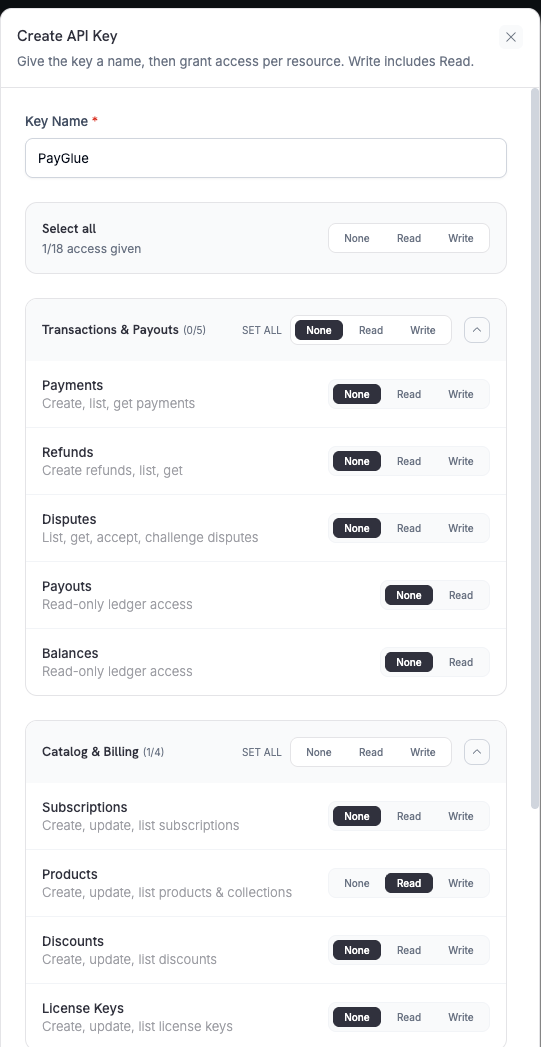 Create API Key dialog in the Dodo Payments dashboard with the key named PayGlue and only Products set to Read