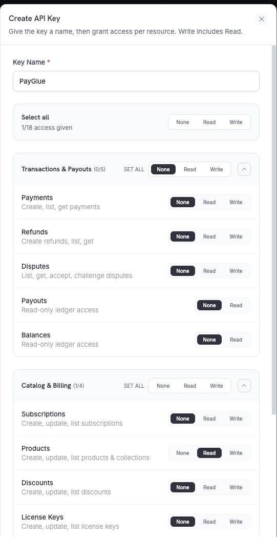 Create API Key dialog in the Dodo Payments dashboard with the key named PayGlue and only Products set to Read