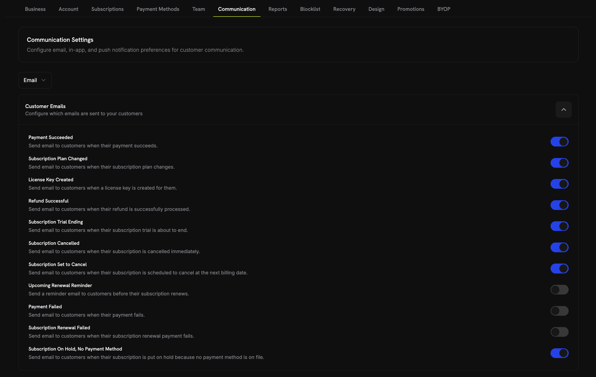 Customer Emails list, including the Subscription On Hold, No Payment Method email toggle