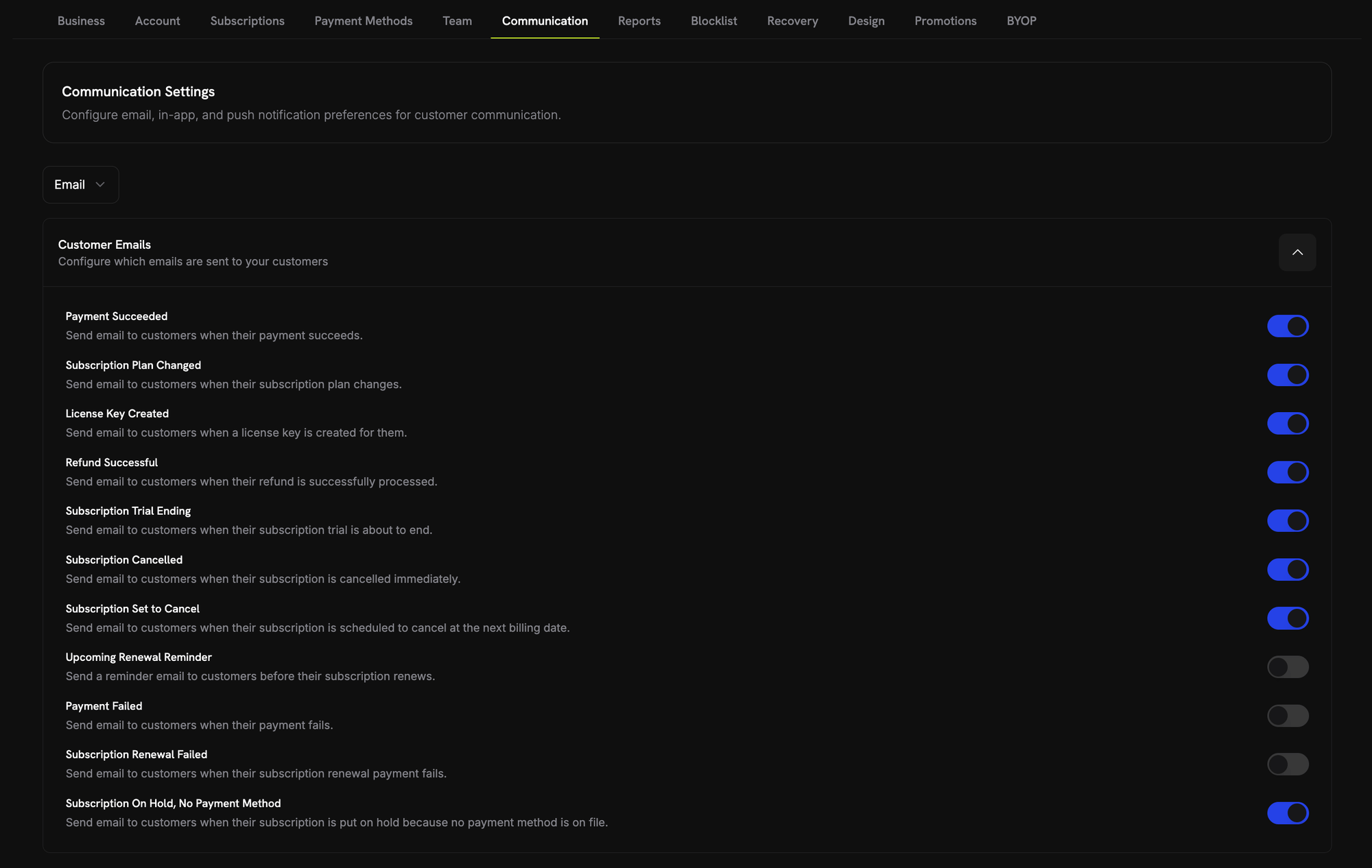 Customer Emails list, including the Subscription On Hold, No Payment Method email toggle