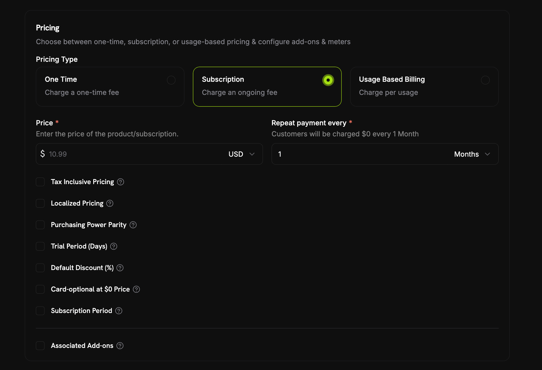 Subscription pricing form with the Card-Optional at $0 Price checkbox next to Trial Period and Default Discount