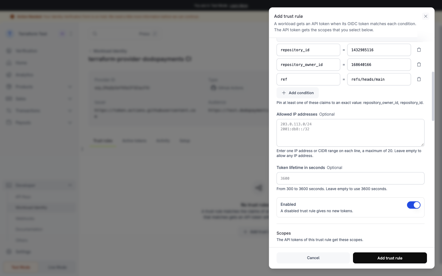 Create mapping form with claim conditions, API scopes, allowed CIDR ranges, and token lifetime